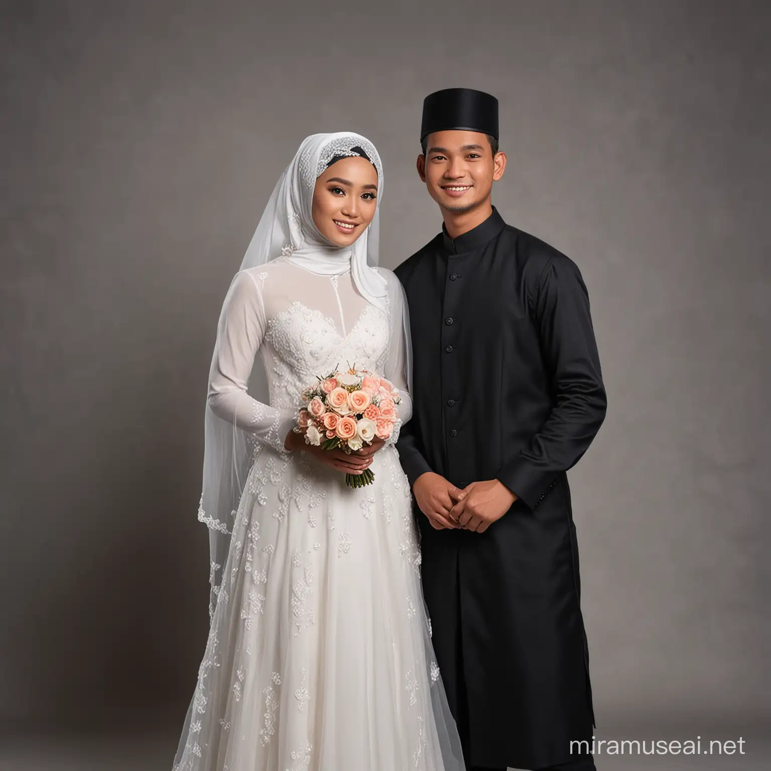 Foto sepasang penganten indonesia di studio foto,penganten pria pakai kopiah hitam,penganten wanita pakai jilbab