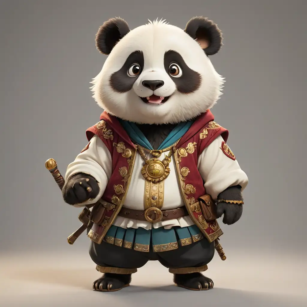 a cute happy panda in cartoon style in full body with  Renaissance clothes with clear background