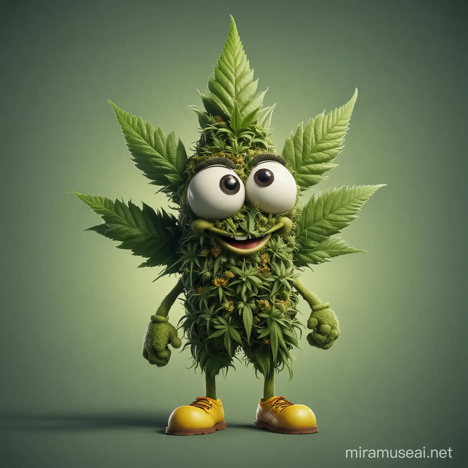 Cannabis leaf cartoon hero, like a sponge Bob or Mickey Mouse, but the much cutest and with a human silhouette body, with legs and arms. Cannabis leaf cartoon hero created from the Cannabis flower buds and has hashish eyes on his face and he is always smiling.
