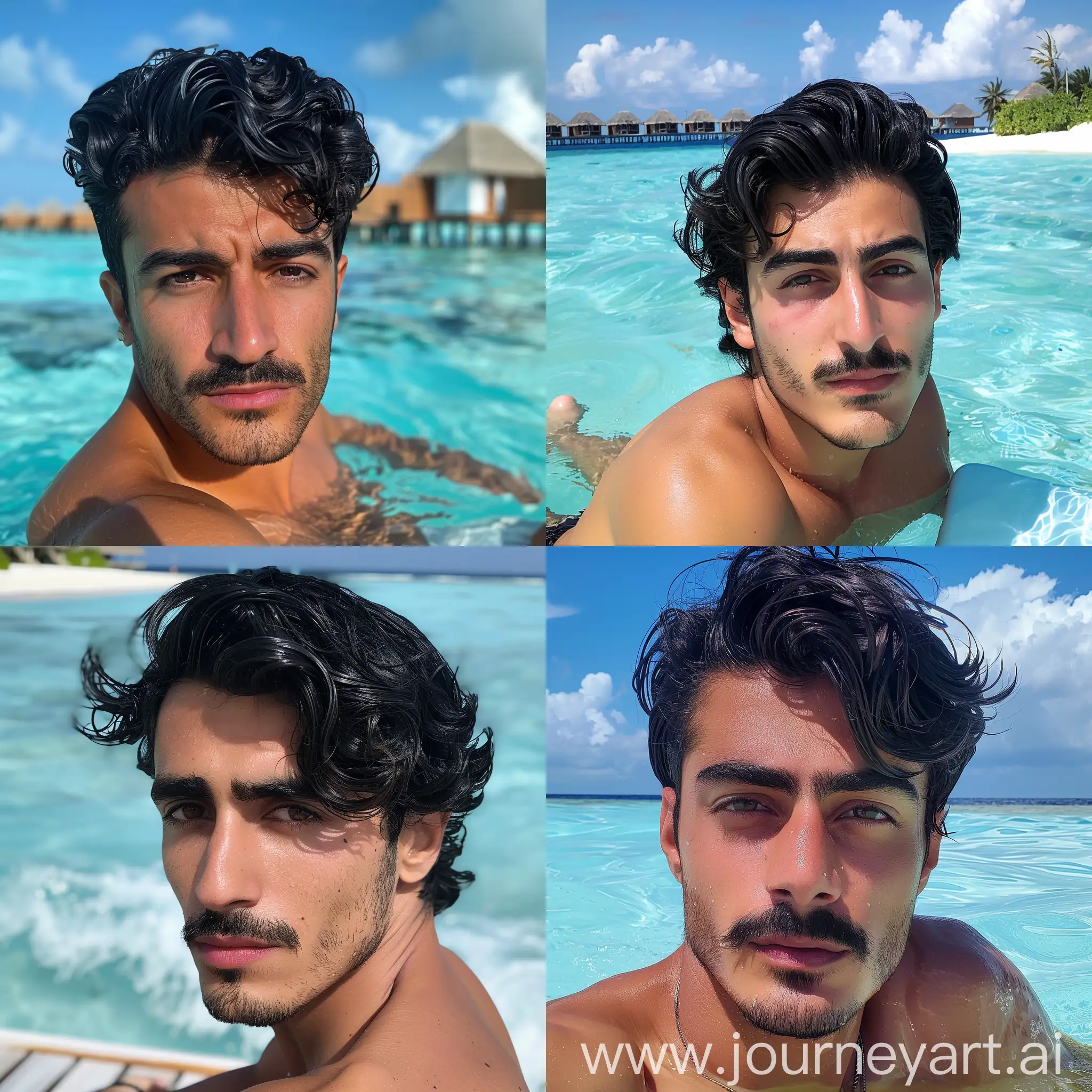 Красивый смуглый иранский парень с чёрными волосами, карими глазами и усами отдыхает на Мальдивах