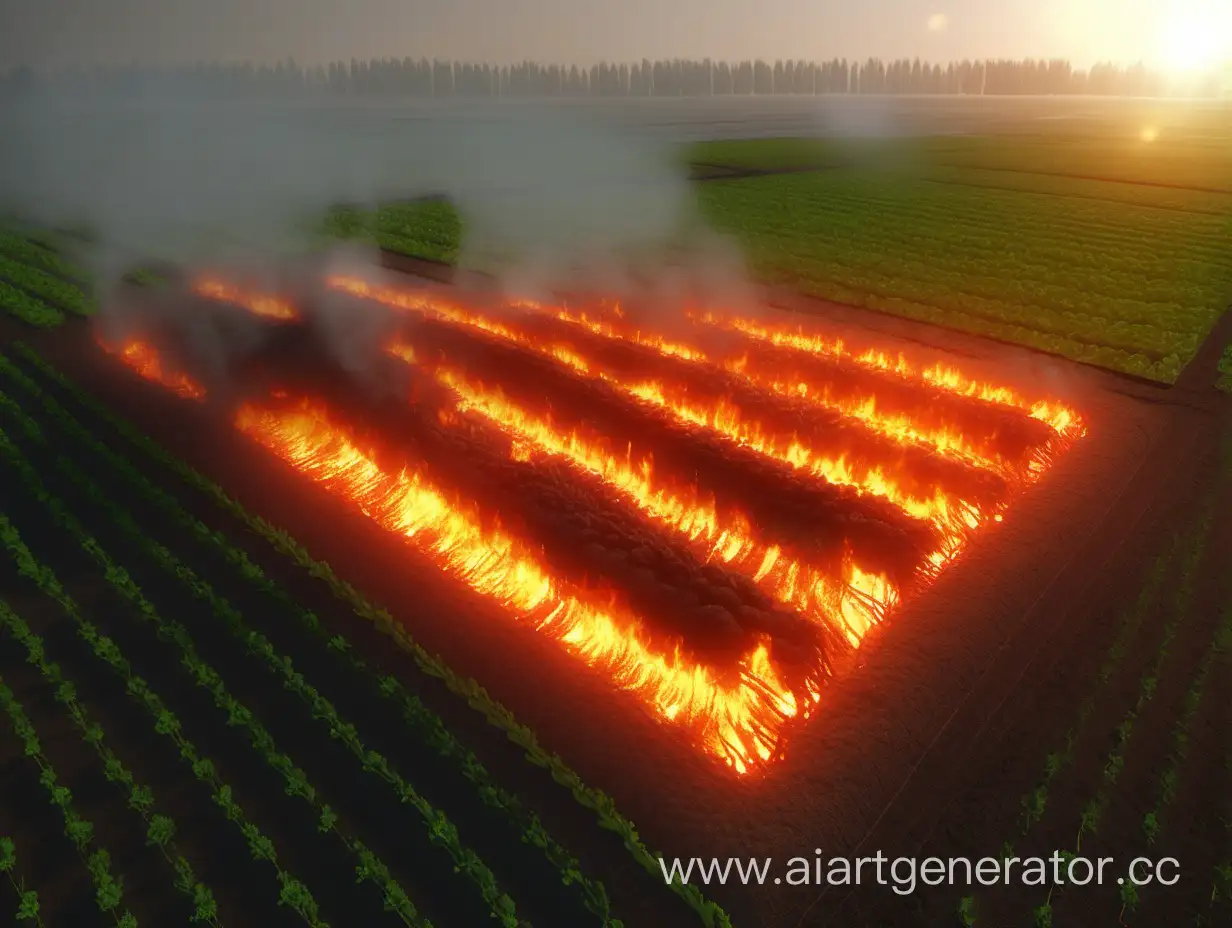 горящее поле с грядками моркови, реалистично, HD  
