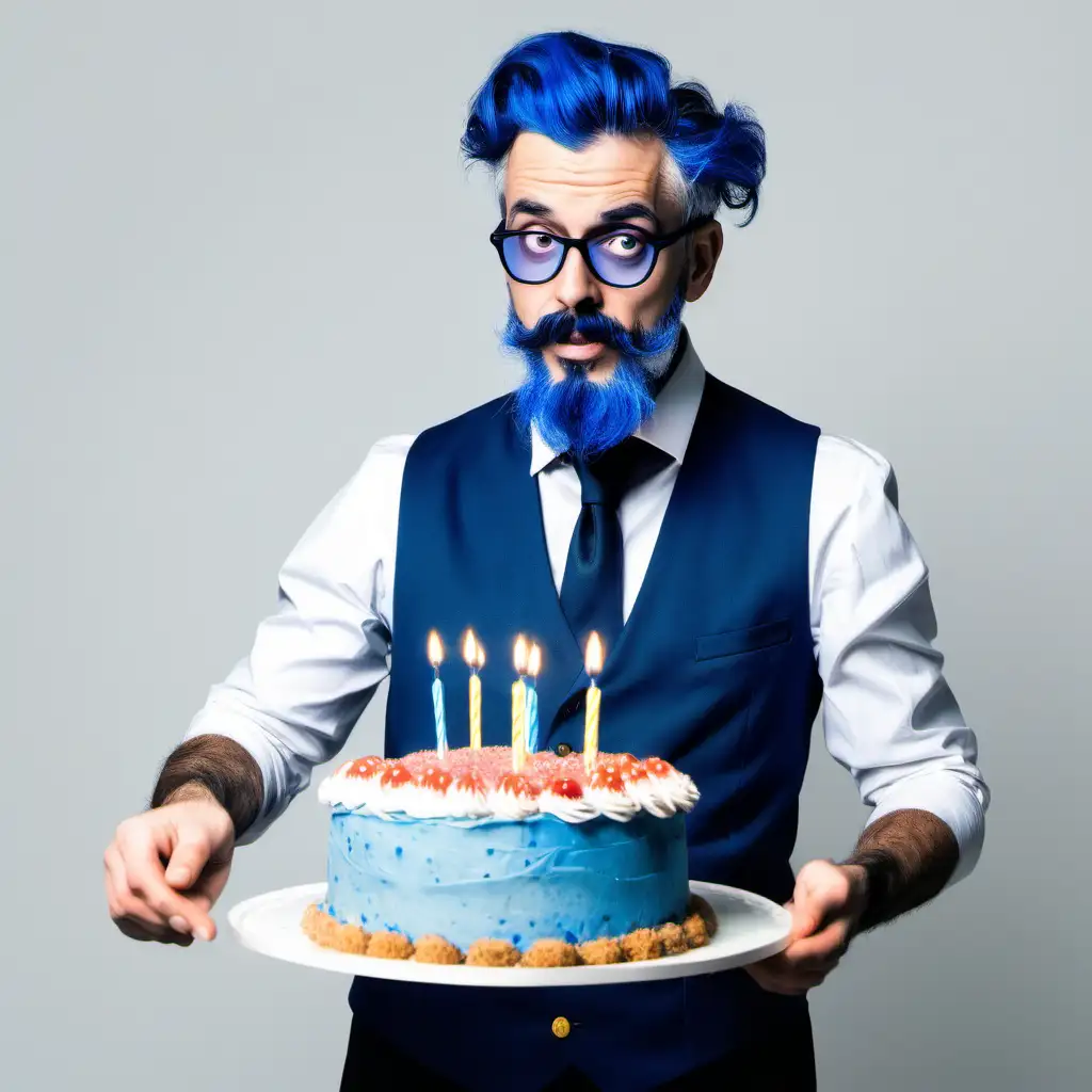 aristocratic severe man with blue beard presenting birthday cake