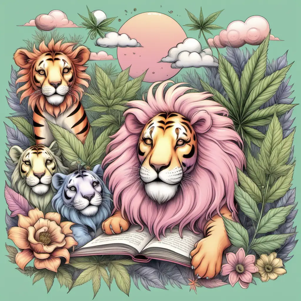 A cozy design adorned with a whimsical marijuana scene featuring safari creatures like lions and tigers surrounded by thought provoking pastel hues. --ar 4:3