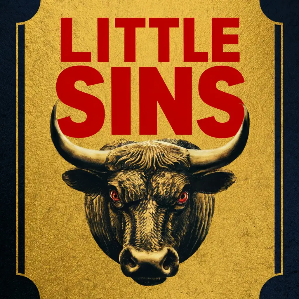 yellow gold book cover with bloody red title is LITTLE SINS. The main image is a head of bull