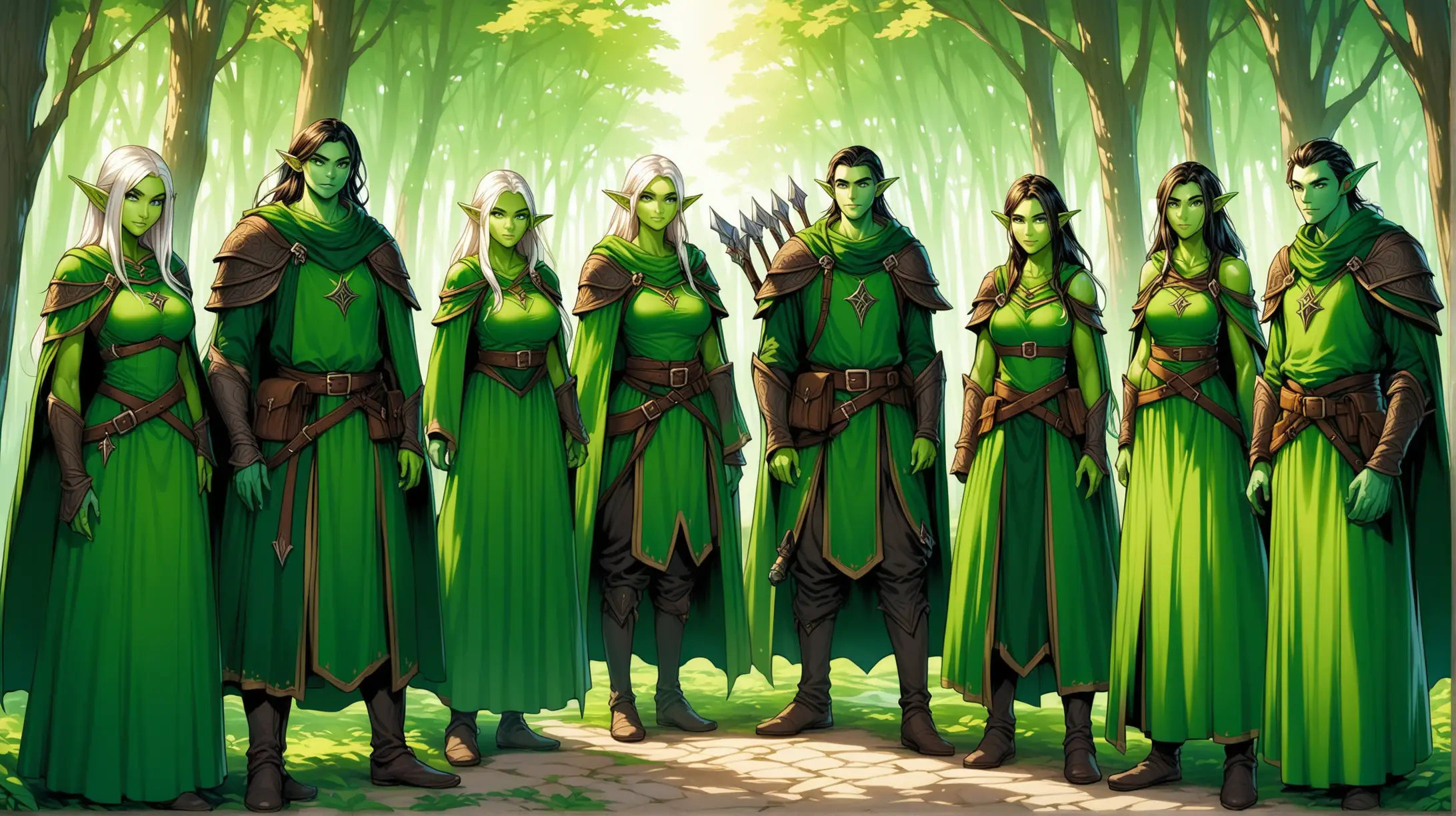 group of rangers and wizards, green elves with green skin, men and women, forest Elf city, Medieval fantasy