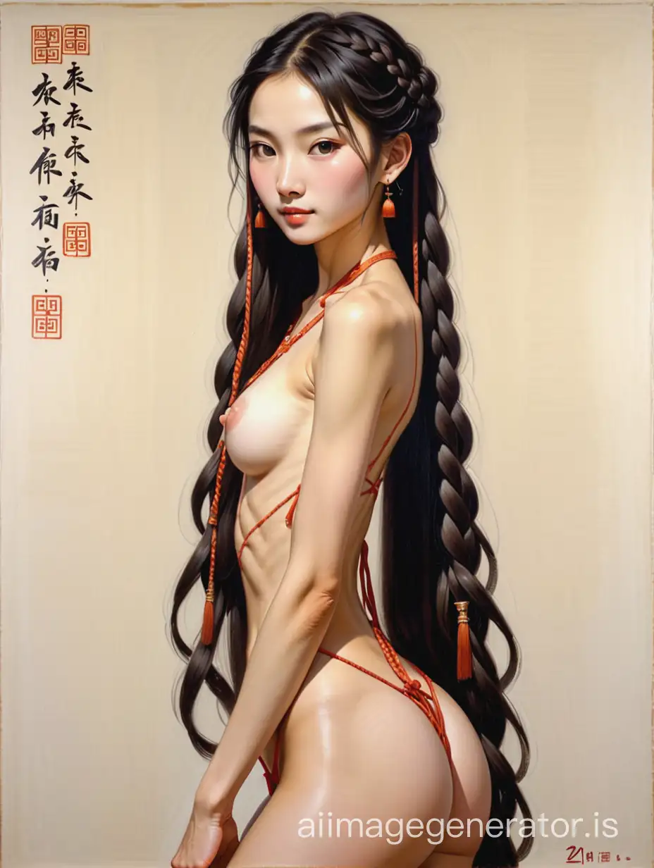 DaVinci oil painting of a skinny big-busted long-legged incredibly beautiful Chinese Columbian maiden with long braided flowing hair