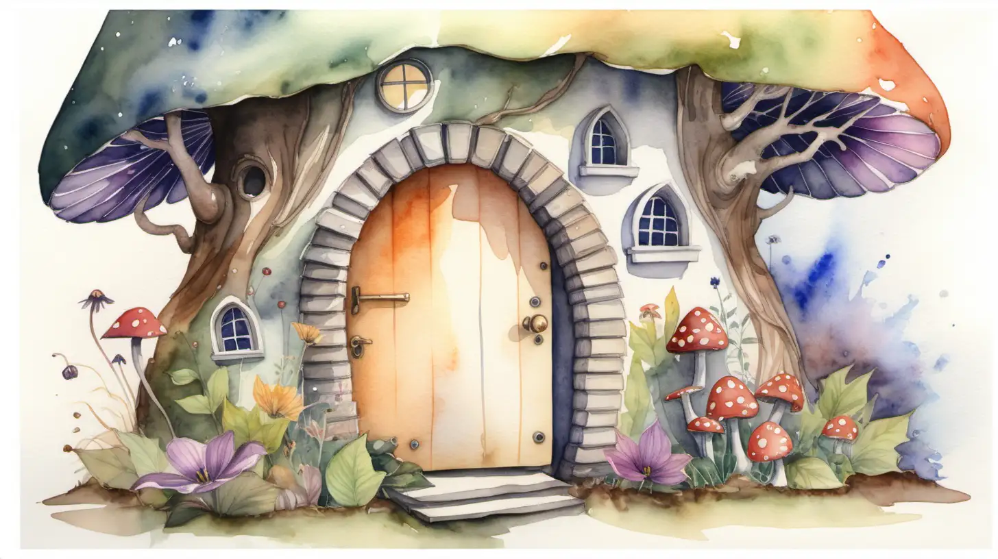 A watercolour painting of a fairy house with an open door









