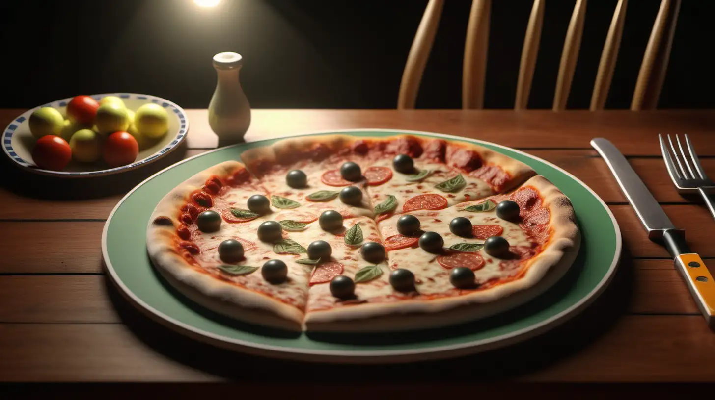 Freshly Baked Pizza on Decorated Plate with Tennis Racket Nearby