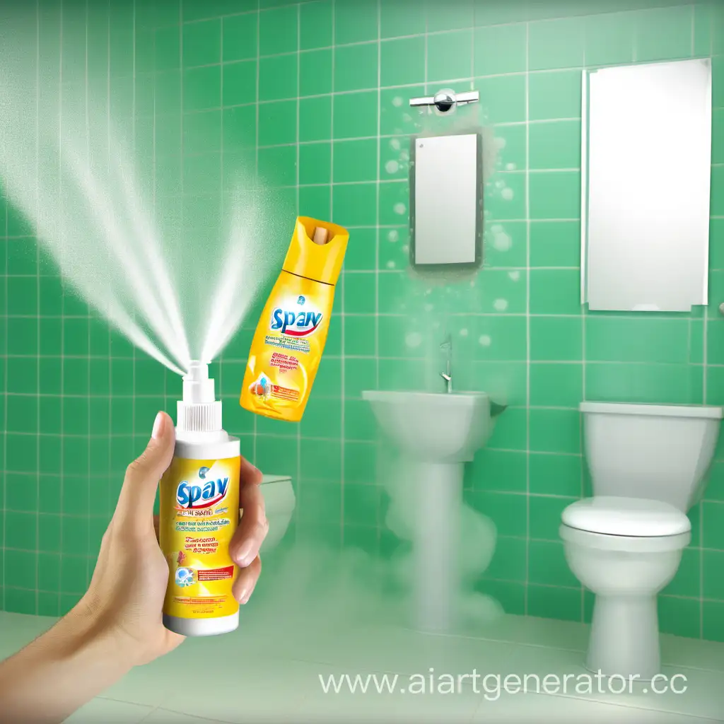 crea una imagen para una la publicidad de un spray para evitar malos olores en el baño, divertido, juvenil