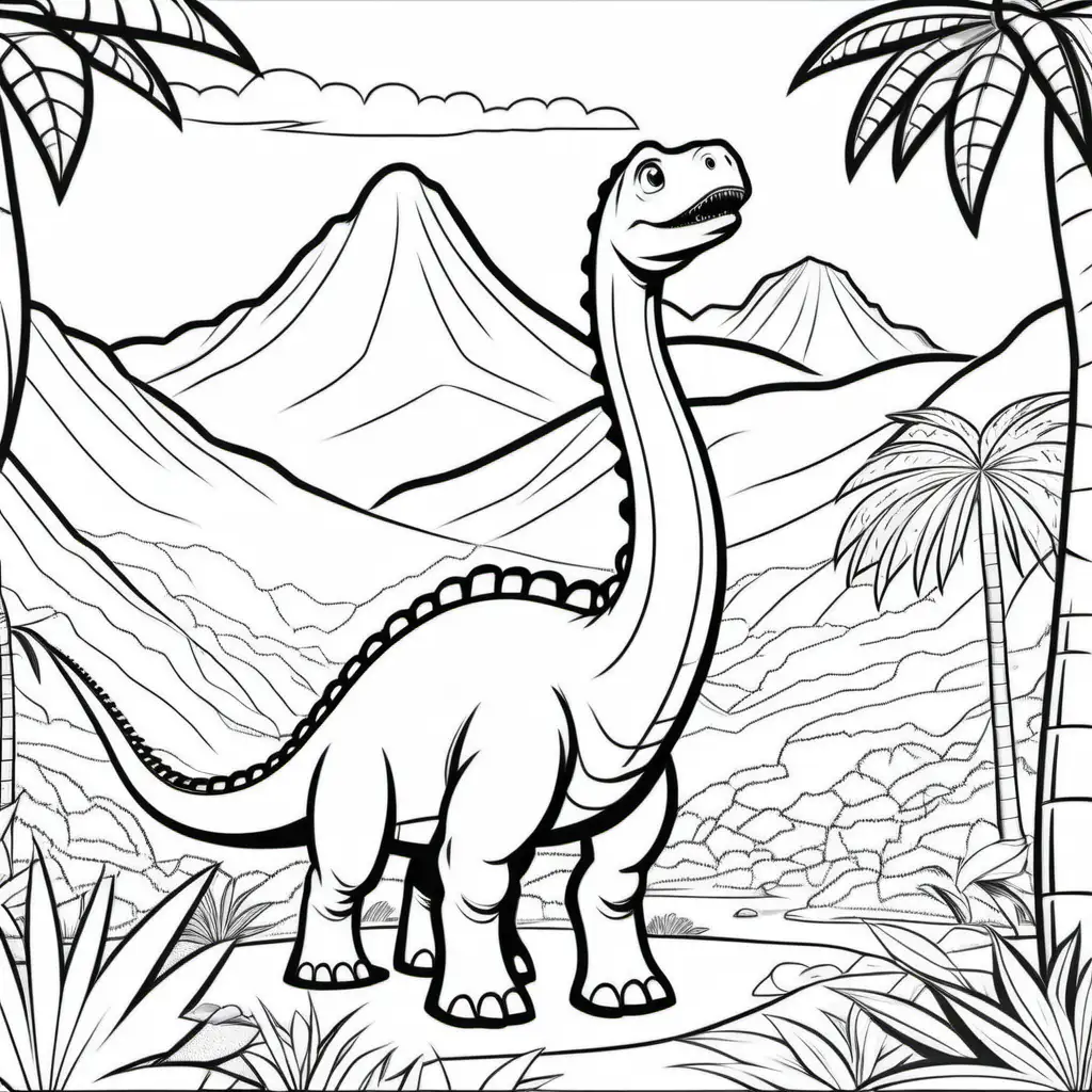 /imagine coloring page for kids, Diplodocus  in jungle with mountains , cartoon  style , thick lines, low detail , no shading, --ar 9:11