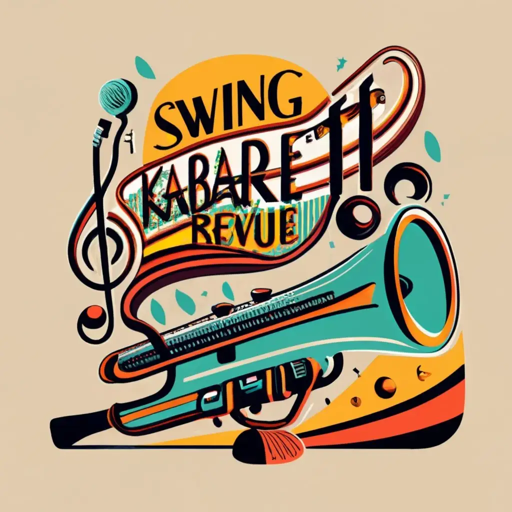logo, art nouveau music band microphone saxophone piano, with the text "Swing "Kabarett" Revue", typography, be used in Entertainment industry