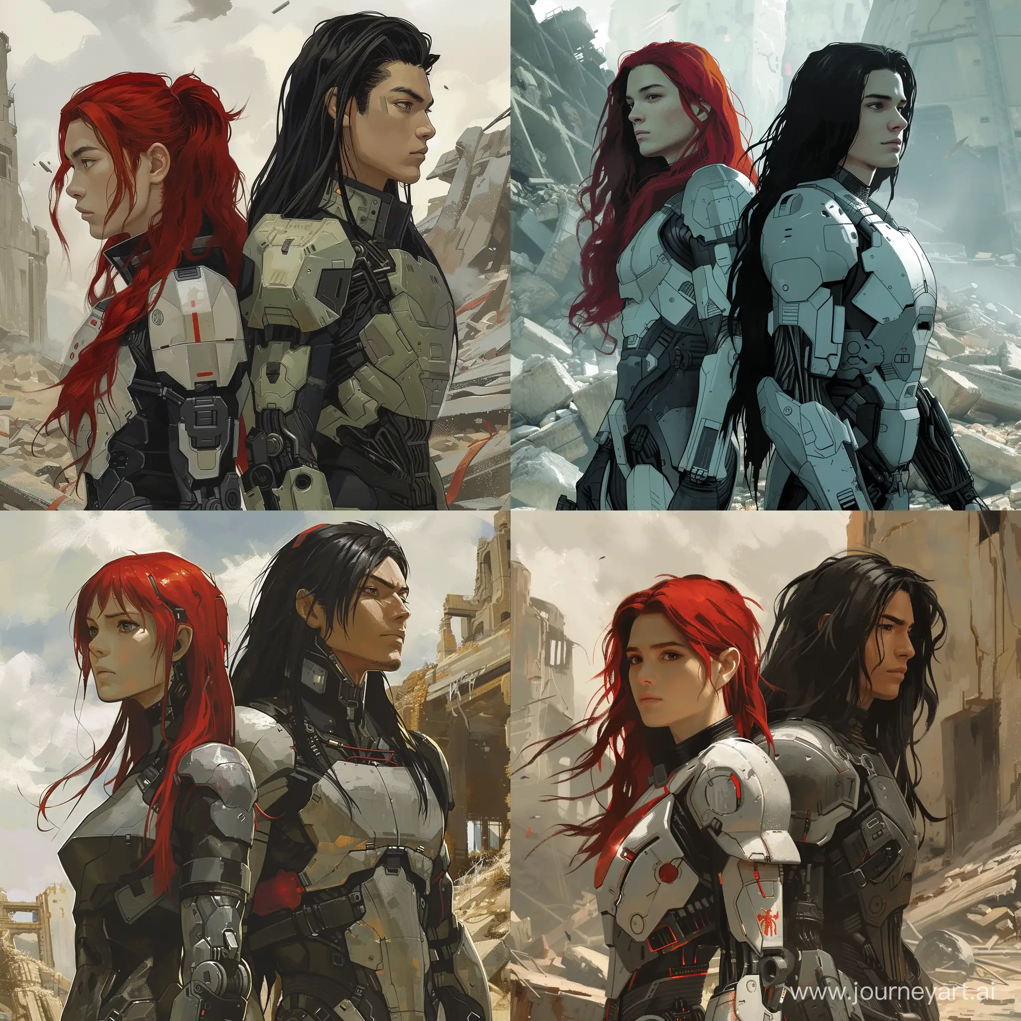 RedHaired-Girl-and-LongHaired-Man-in-Futuristic-Armor-Amidst-Distant-Ruins