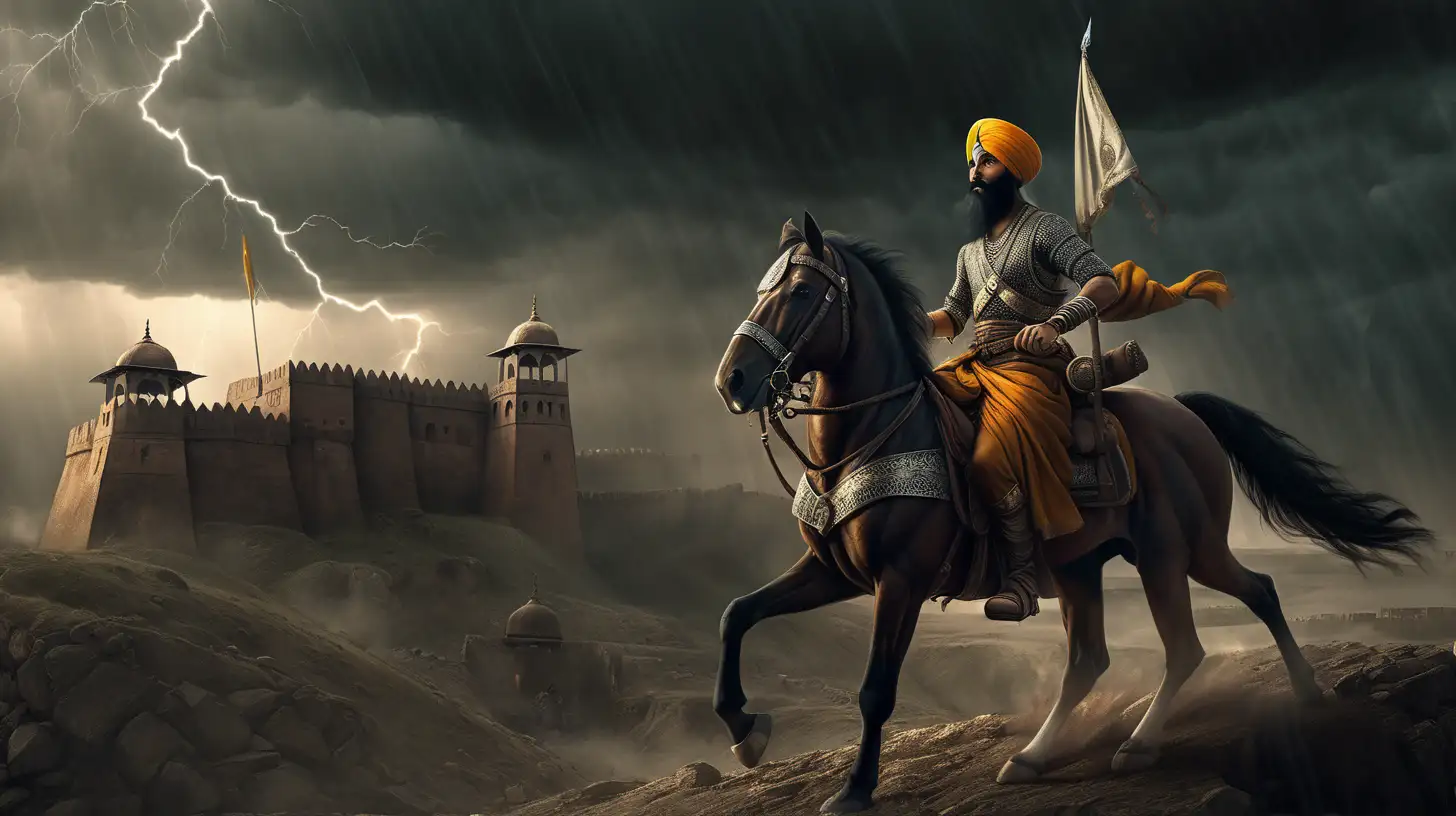 A lone Sikh Warrior (about 16 years old) rides out to battle, with his sword raised, with a fort behind him and a single lone Sikh man on the top of the fort, harsh terrain, dark, gloomy, lightning strikes in the background, chiaroscuro enhancing the intricate details, in a digital Rendering “v6”