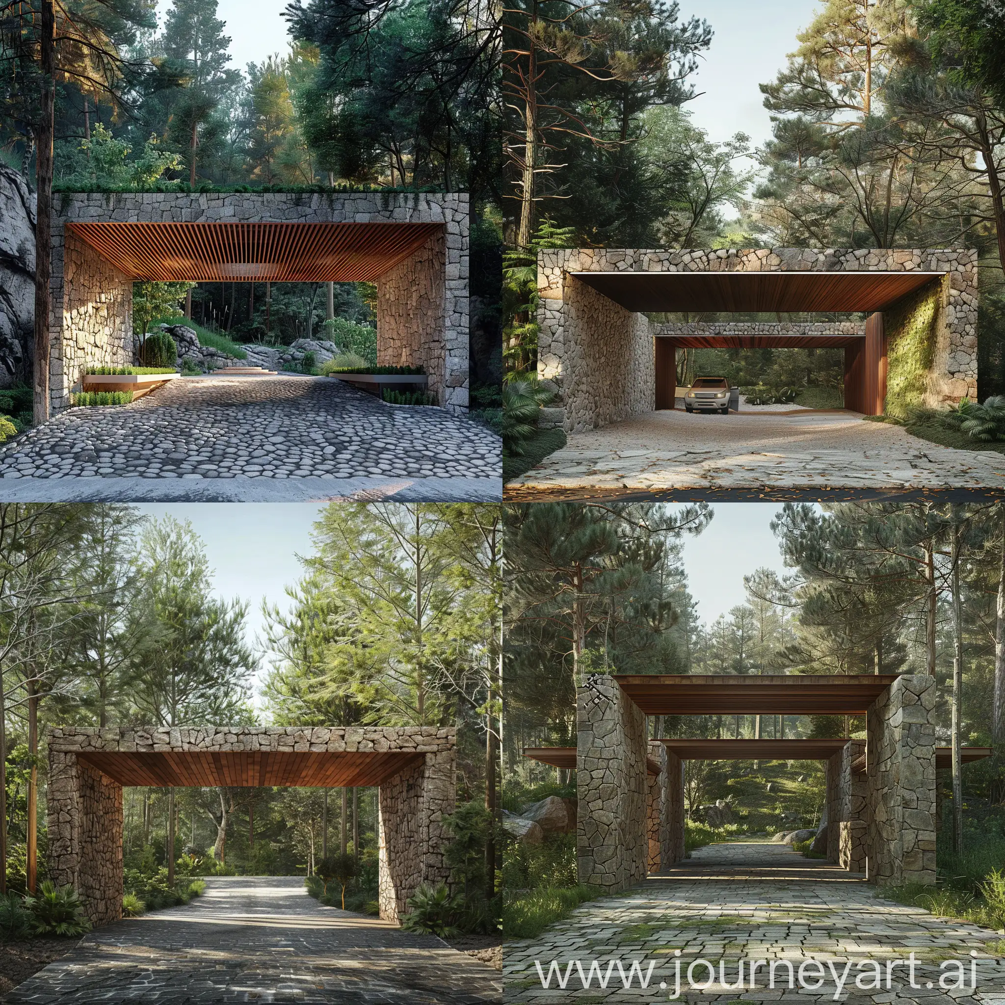 Crea una imagen de una entrada vehicular minimalista estilo 
 hacienda mexicana con piedra y madera en el bosque.