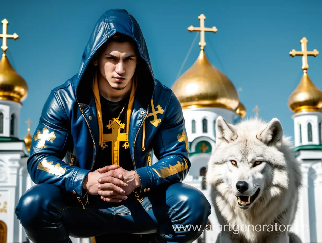 Мускулистый парень в синей дубленке с капюшоном стоит на коленях и рядом с ним белый волк. Фон желтая  православные купола с крестом. 