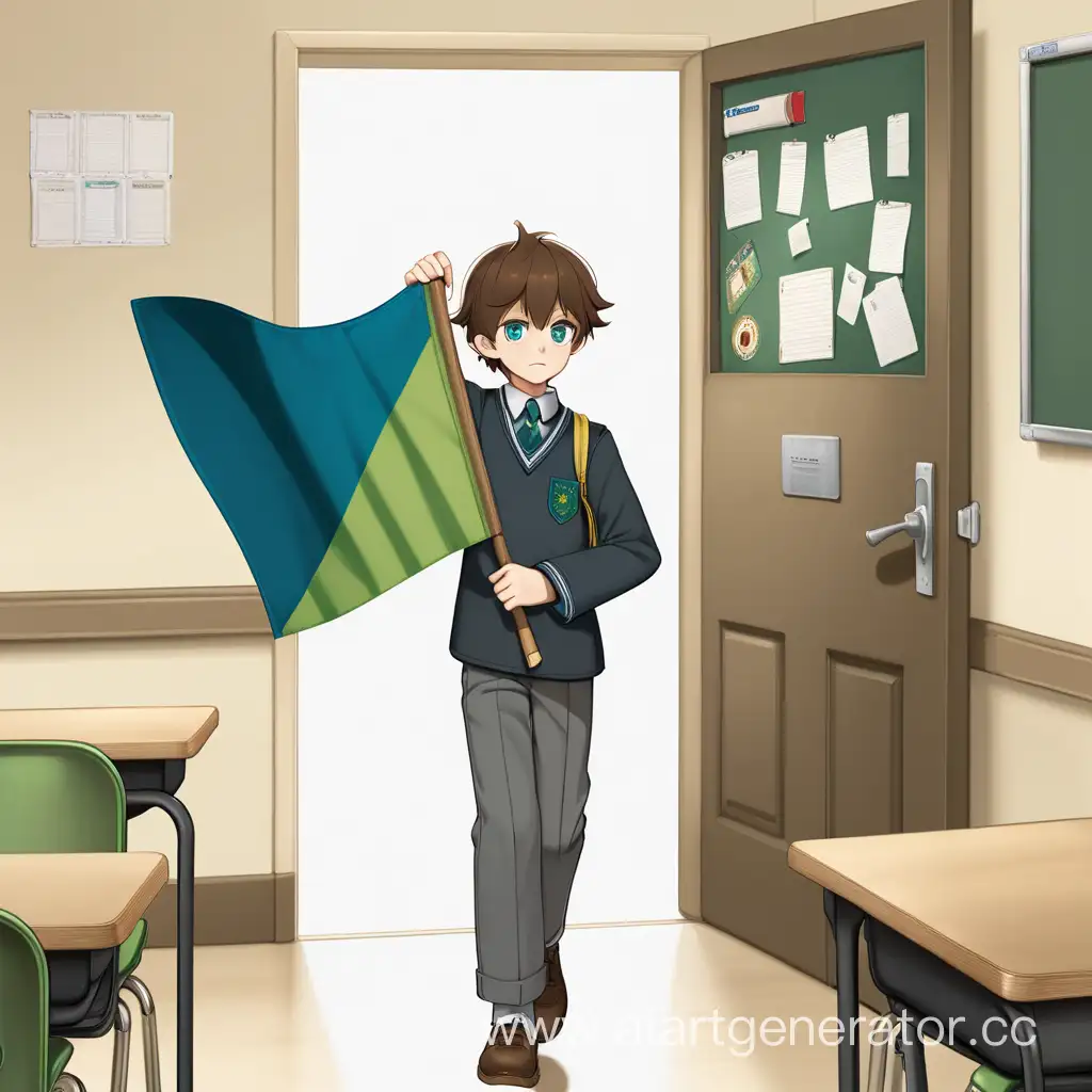 Мальчик, коричневые волосы, голубые глаза, в тёмно-серой школьной форме выходит из дверей кабинета. В руках держит развеивающийся зелёный однотонный флаг и коричневую книгу. 