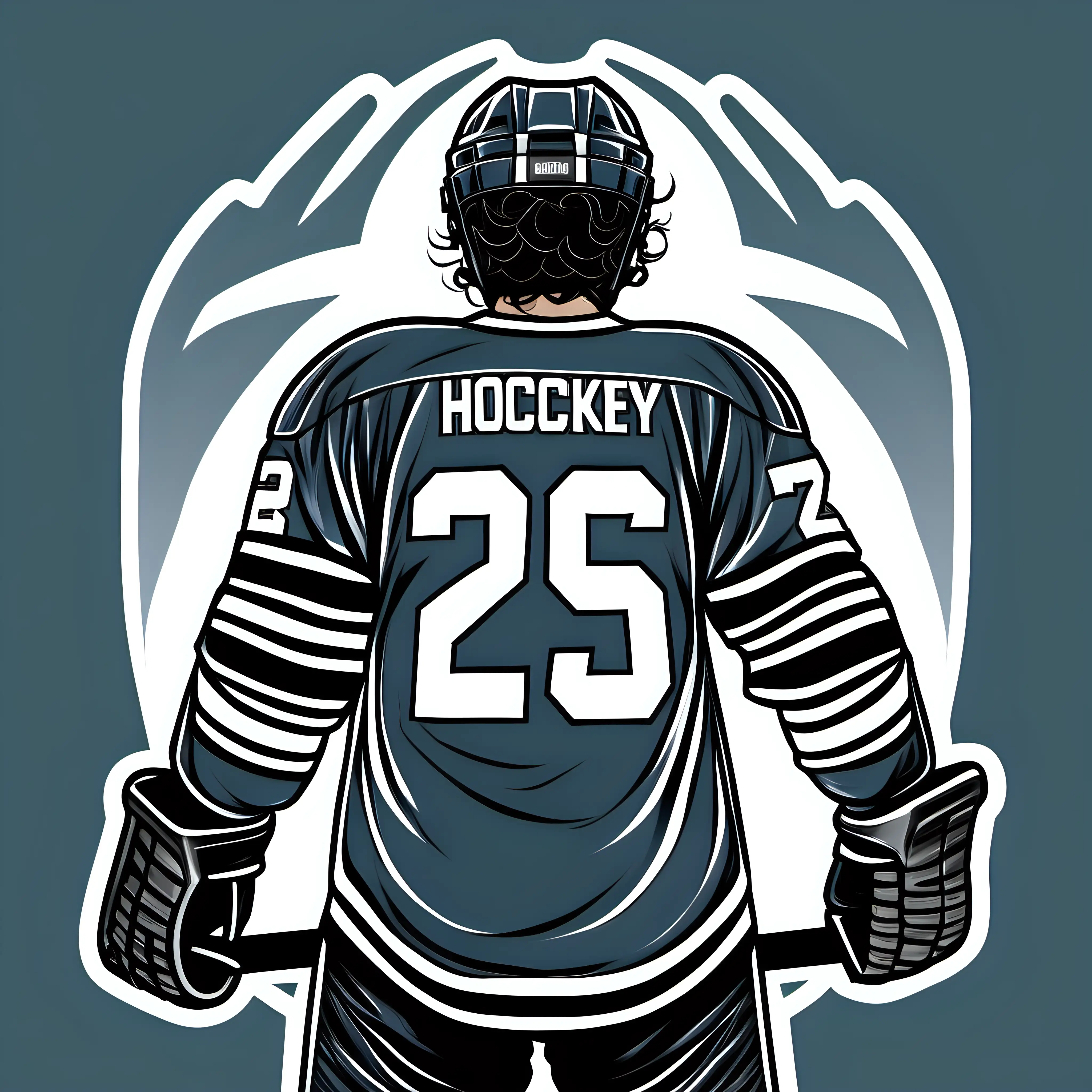 hockey player from behind, helmet on, wavy hair, black hair, black thick outline