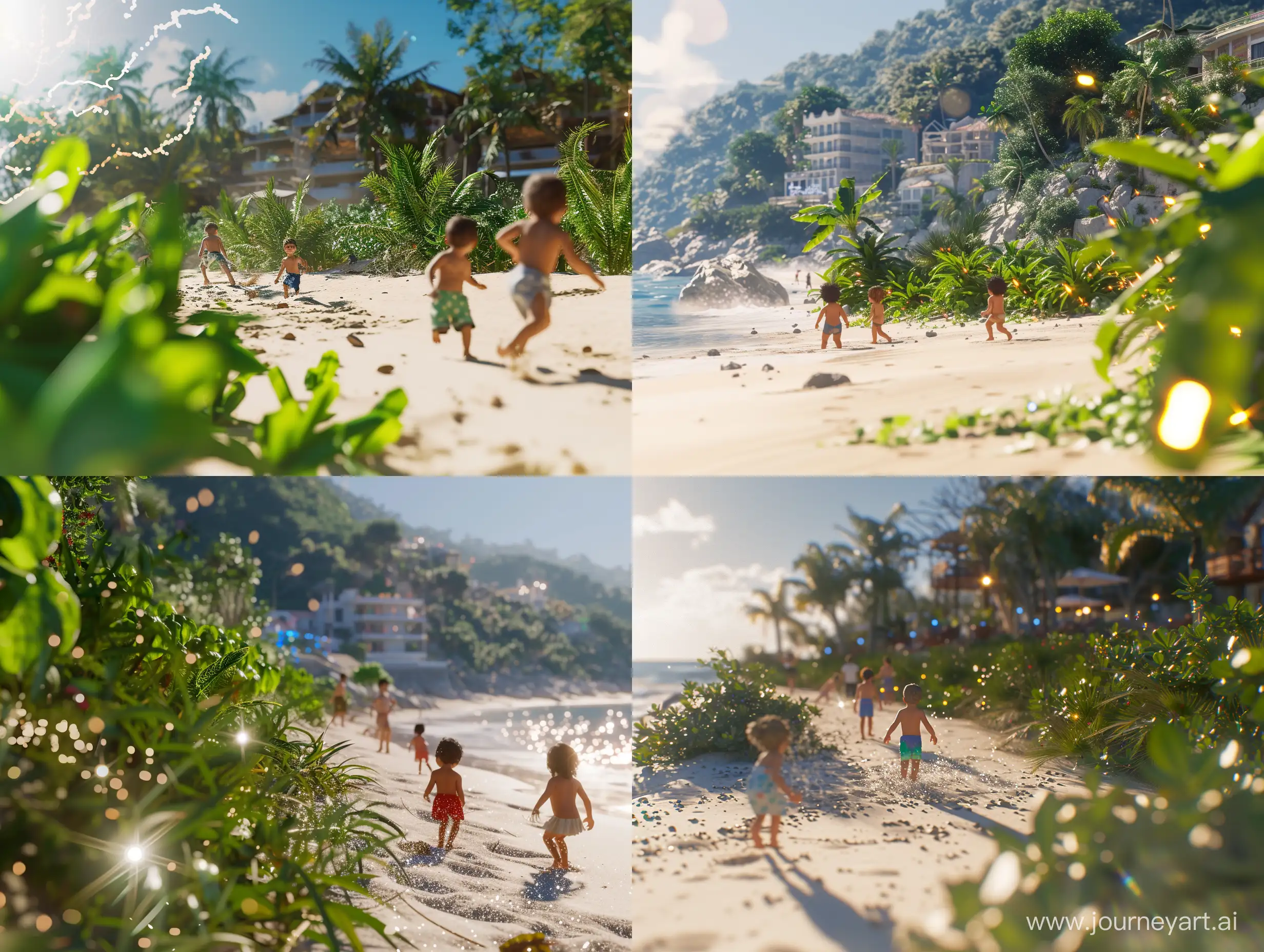 children playing on the beach, with vegetation alongside and some buildings beyond; sunny day; close up; using all the graphic, lighting, design and scenery techniques of the most hyper-realistic and current animations of the last generation; Ray tracing at an absurd and exaggerated level; 32k; Extremely detailed and exaggerated image; advanced mirroring techniques; better CGI; advanced blurring techniques in some specific points; advanced lighting techniques; cinematic style; Led lightning; Blurred background; advanced filmmaking techniques; Light points; Some blurred lights; Kinematic filter;  21:9 --v 6.0