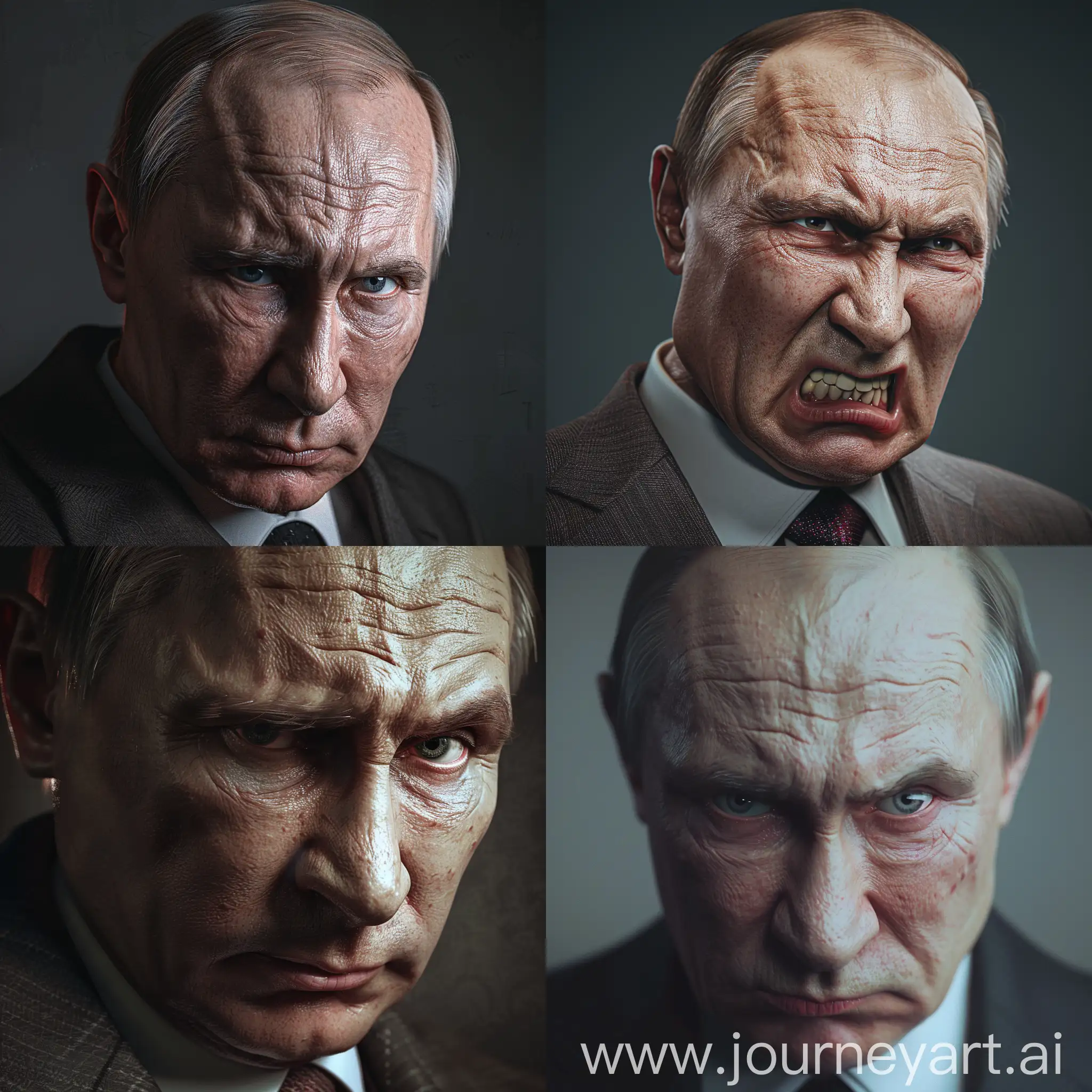 President Putin when he is angry , challenging the world, realistic ,dramatic , 8k , 3d , Clear features , in-depth details , effective , Evil smile , He looks to the side