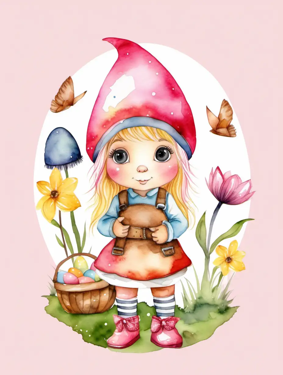 watercolor girl gnome clip art, cute, isolated on pink background, suitable for easter