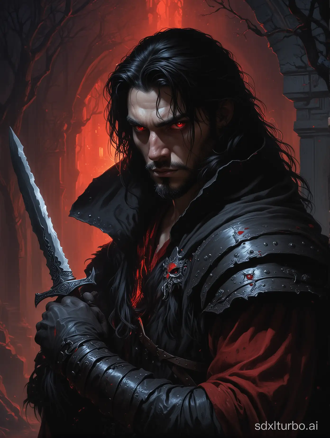 Medieval assassin with knife long black hair and a beardless, handsome face stands in a dark shadow background, his snow white skin illuminated by the red glow of his eyes. On his shoulder sits a one shadow imp creature with red eyes, The entire scene is captured in an oil painting, giving it a timeless and mysterious quality.
