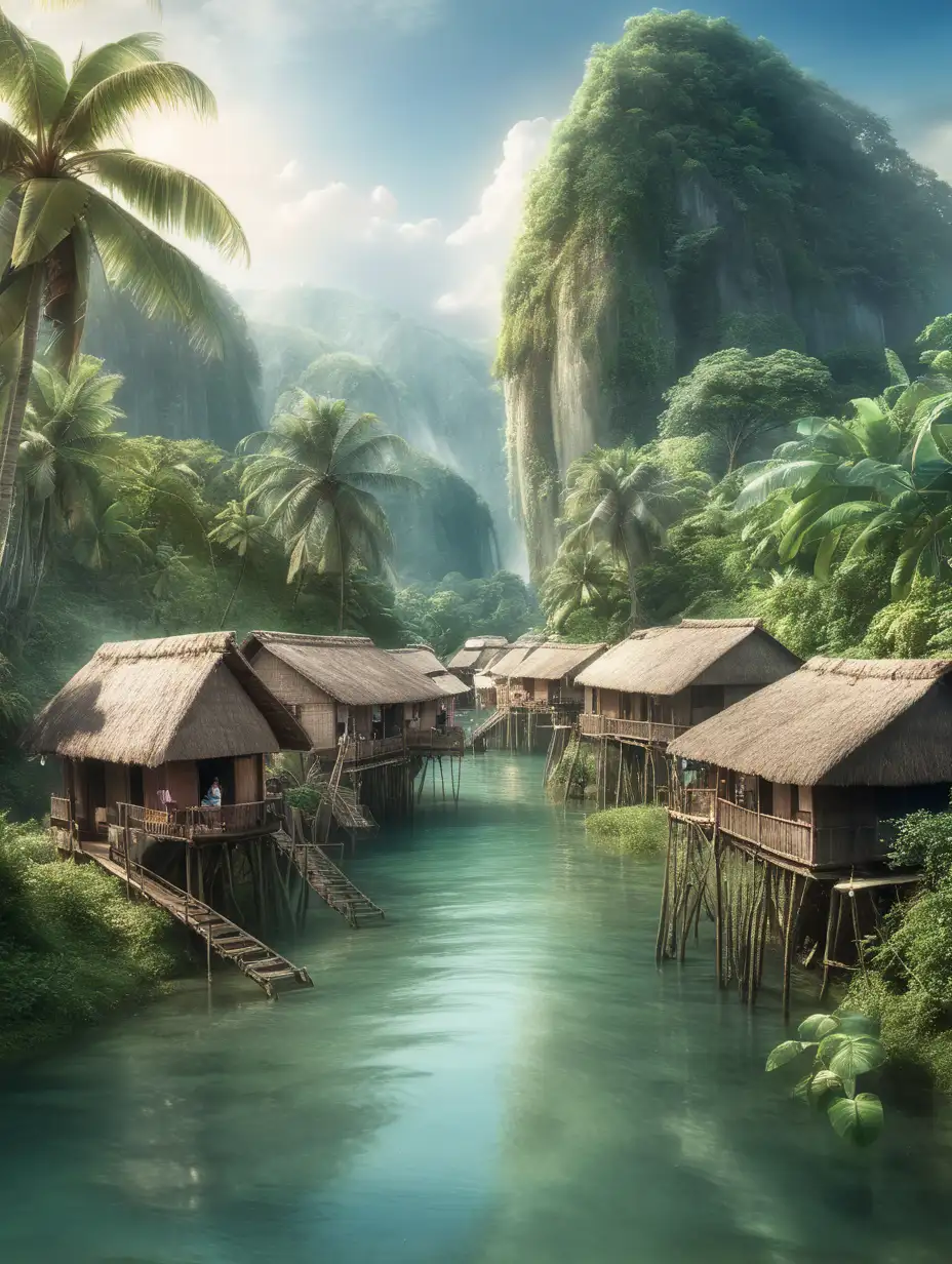 a water village in the middle of the jungle surrounding the water river 