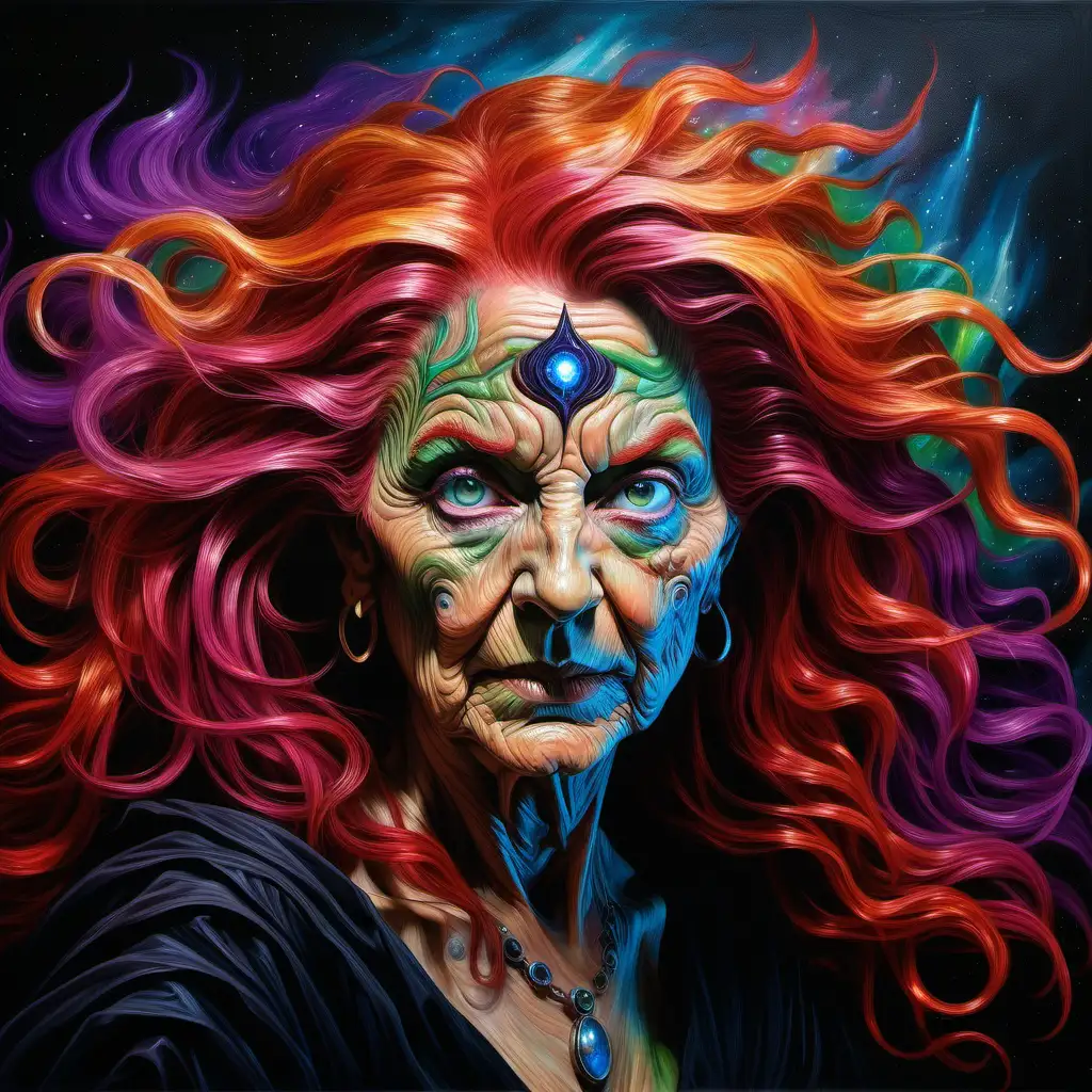 Enchanting SciFi Witch Portrait with Vibrant Multicolored Hair