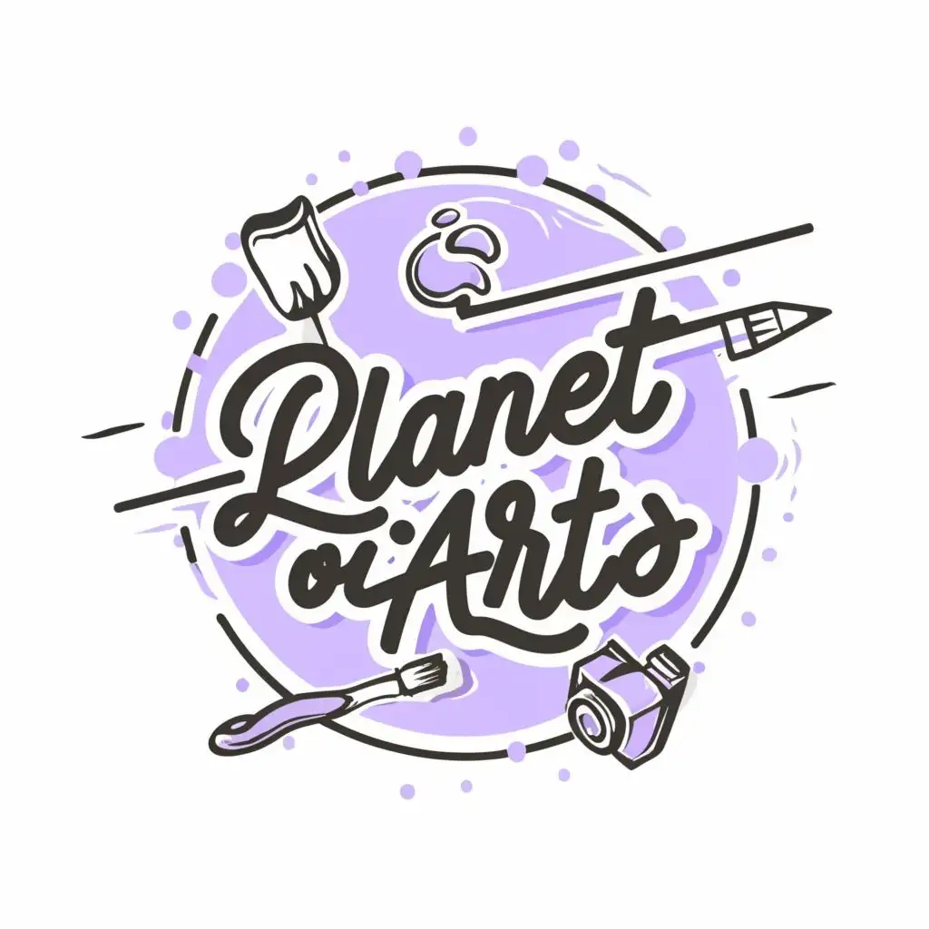 LOGO-Design-For-Planet-of-Arts-Purple-and-Cream-Palette-with-Artistic-Brushes-Cameras-and-Playful-Elements