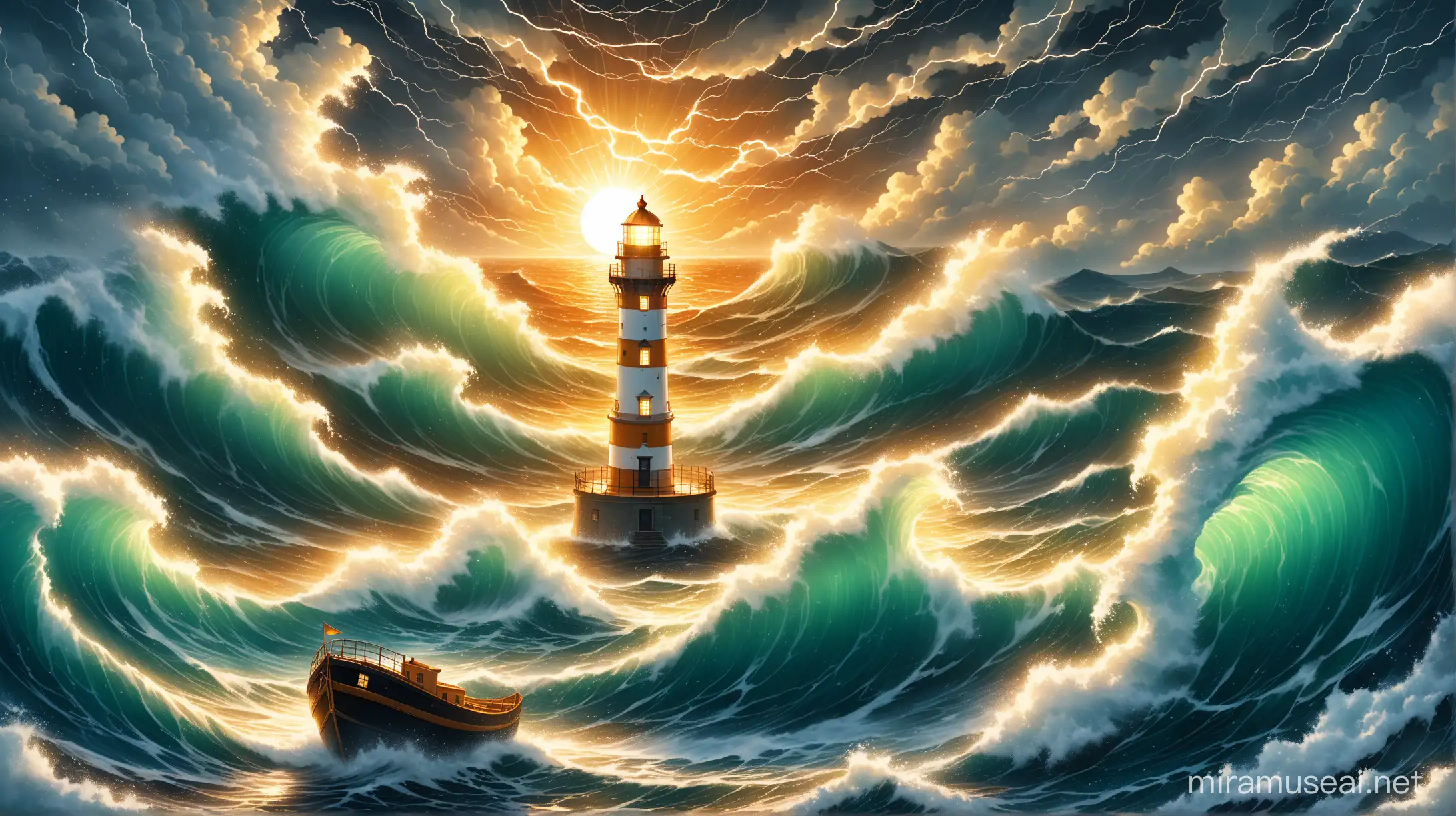 Highly detailed illustration of the beautiful lighthouse in an extraordinary and surreal scene in a chaotic seascape, high waves of vast waves colliding with realistic wildness in the background, a boat is being tossed around, lightning and swirls of wind in a sky that enhances the drama of the storm, shining sun turns the clouds yellow and orange