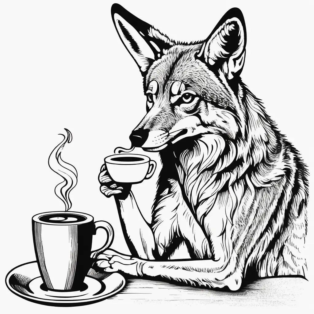 A coyote drinking coffee. Black and white colors. Only outline design. 
