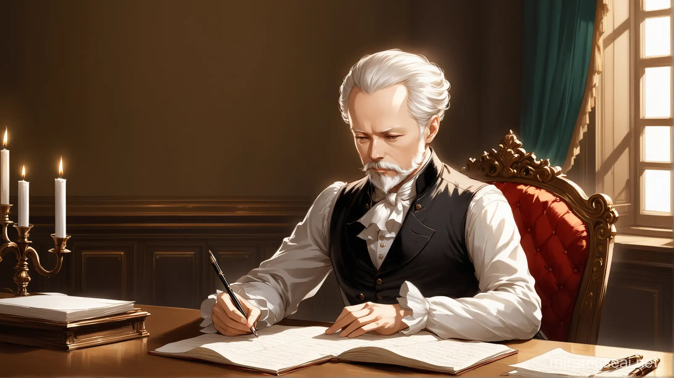 Чайковский, сидит за столом и пишет ноты в комнате в стиле барокко 