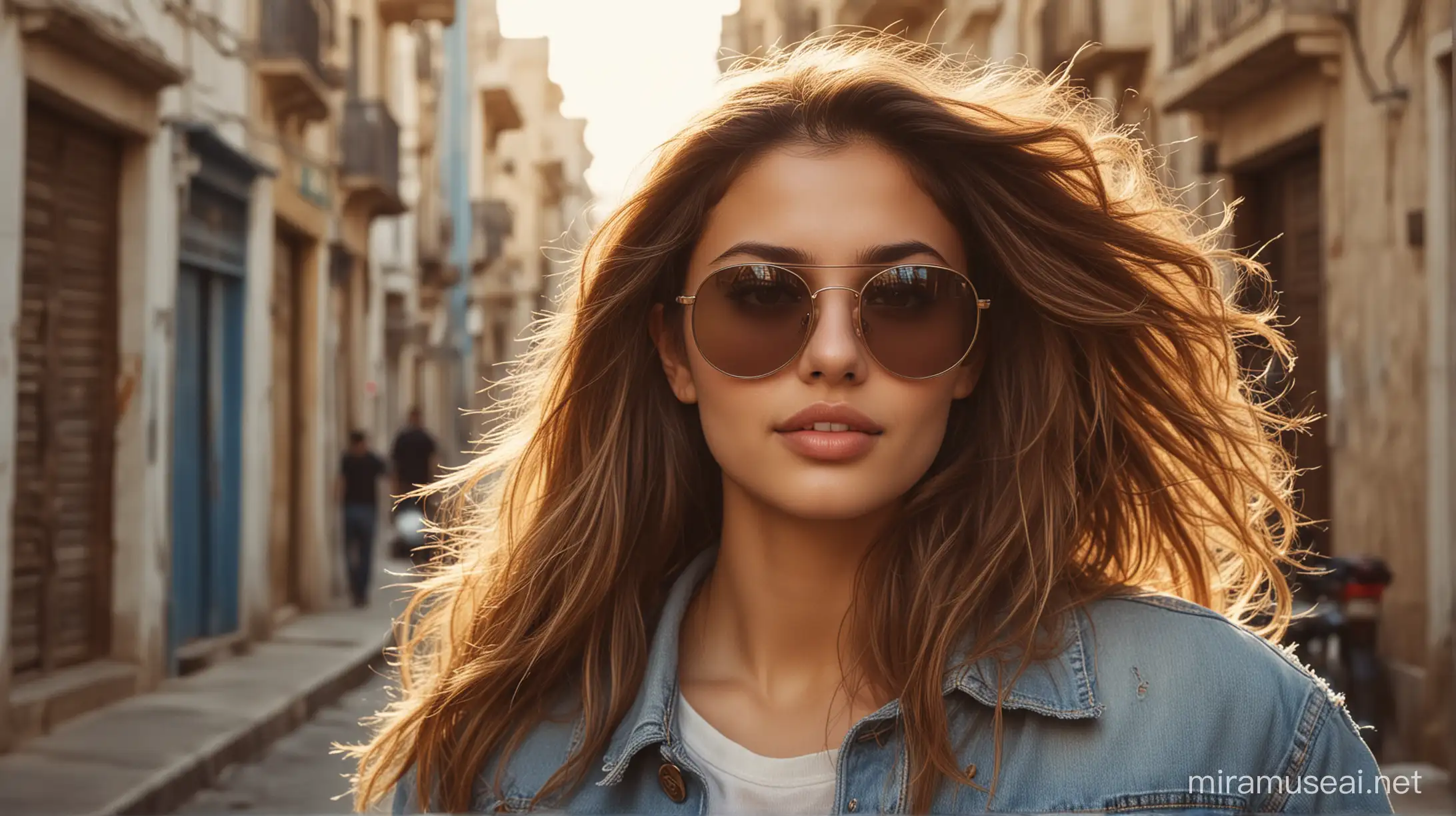 "A photorealistic portrait of a 25-year-old brunette Algerian girl with long, flowing light brown hair and striking hazel eyes, wearing sunglasses and aVintage-inspired denim: Retro washes, distressed details, and high-waisted silhouettes are making a comeback., set in Algiers Center. She should have a natural, approachable expression and be illuminated by soft, golden-hour sunlight. The background should depict a scenic outdoor setting, perhaps the bustling streets of Algiers with its iconic architecture. Capture this image with a high-resolution photograph using an 85mm lens for a flattering perspective, amidst the vibrant energy of the city center with a group of people passing by."
