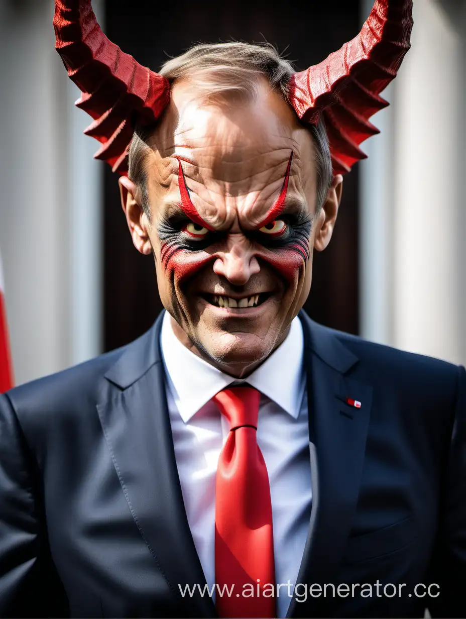 Polish prime minister Donald Tusk is portrayed as a devil with red tail and ugly smile, white face, wearing smoking, red tail behind him, background is prime minister's office.