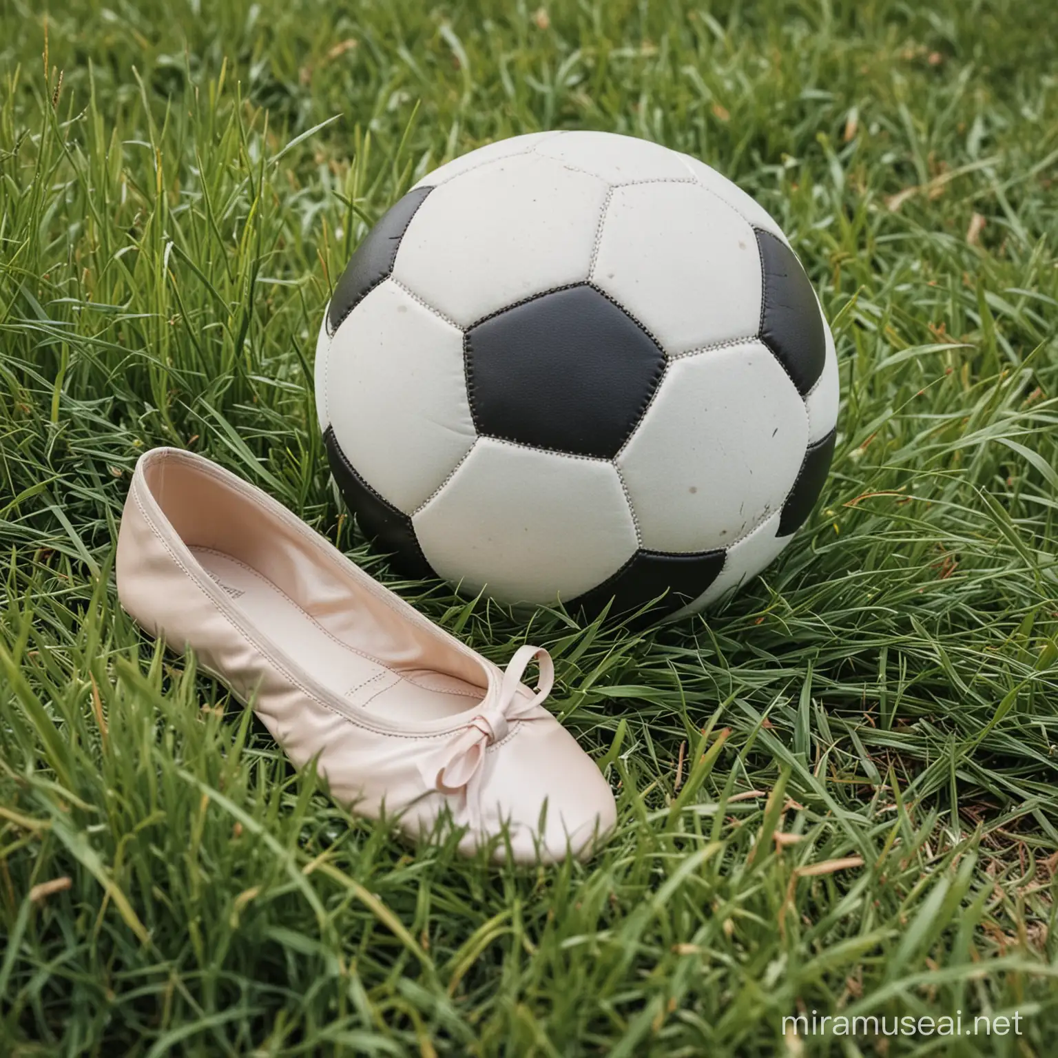 una única zapatilla de ballet en un campo de cesped y junto a un balón de futbol