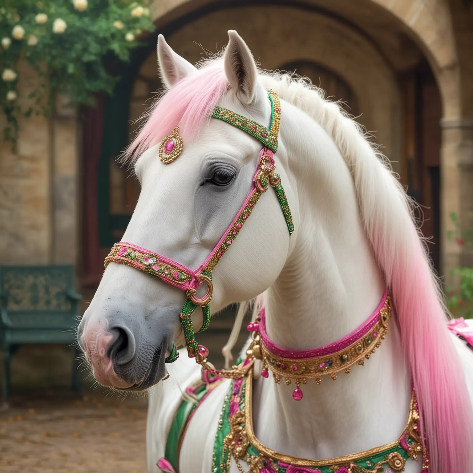 A white fairytale horse looking very smart, showing off it’s new costume in green and pink , drama queen, adorable, in a fantasy setting, vivid colors