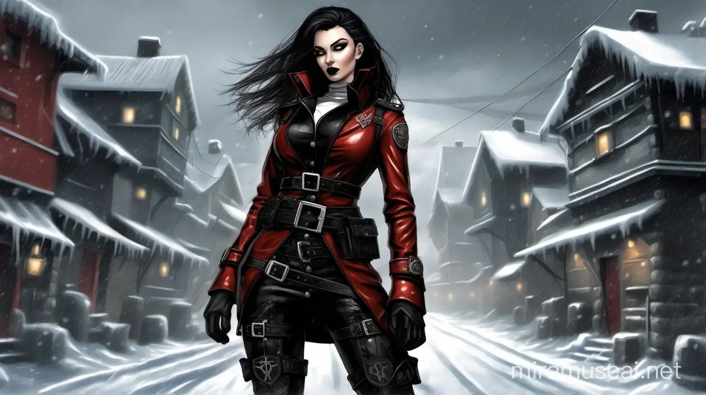Warhammer 40K young Commissar woman. She has an hourglass shape. She has long black hair style. Dark brown belt has a lot of pouches. Dark brown bandolier around waist. Her dark brown drab leather uniform jacket fits perfectly. Her jacket is short. She has heavy black eye shadow. Background scene is snowy Nordic village. She has dark grey colored eyes. Her uniform has Norse runes. All of her clothes is skin tight. Odin's knot runes are on the collar of her latex turtleneck bodysuit top. She has faded dark grey matte lipstick. She has tactical gloves on. Norse knots wrapped around jacket cuffs and epaulettes. She has pale skin. She has faded brown hair with steel hair tip highlights. Her dark black latex body suit top molds to her large breasts perfectly.