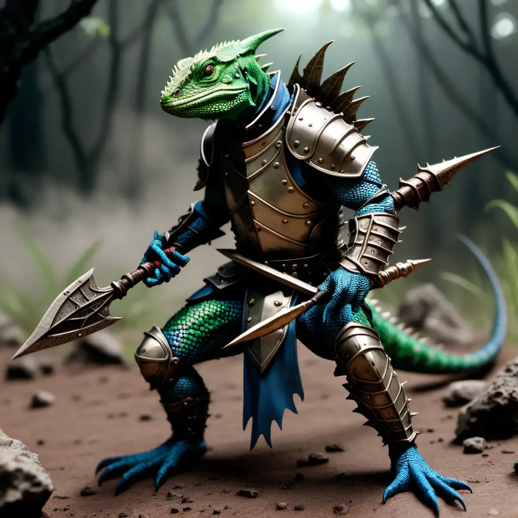 Lizard Sentinel, a Lizard man with armor and a spear in a battleground scenario