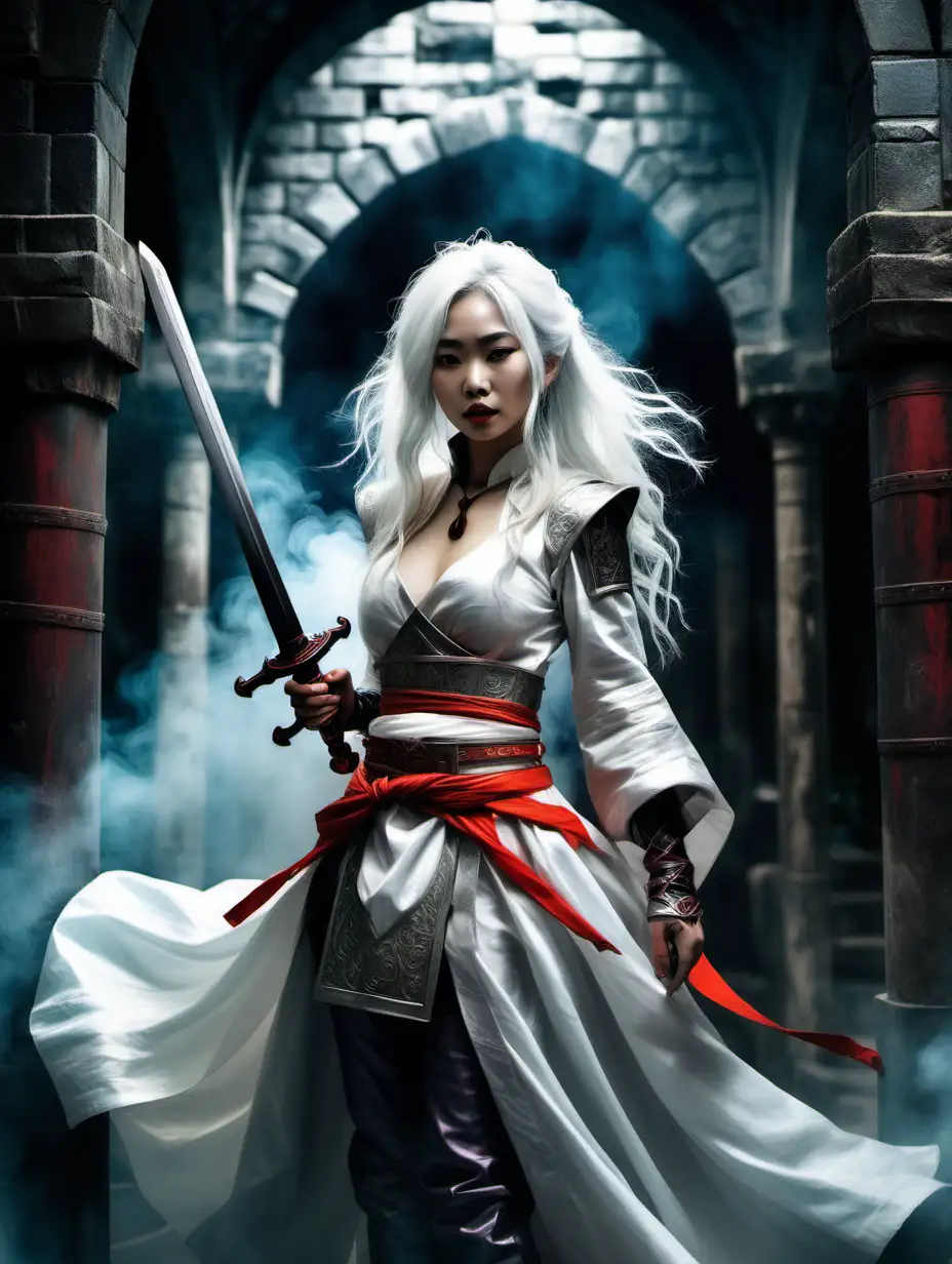 a Vietnam woman [The Bride with White Hair
] with [white] skin And [akira toryiama] , dressed in medieval fantasy and holding [sword]. The background is the interior of a dungeon. In the style of Magali Villeneuve. Smoke-filled air, vibrant colors, emotional depth
