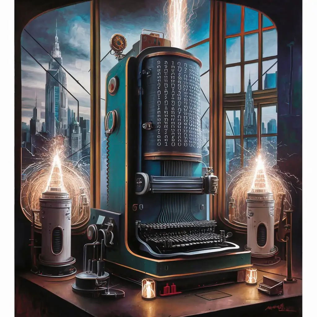 A picture, painted in the Italian 1930s Futurism style.  It is of A steampunk 2 metre tall Analytical Machine, with typewriter keys and a binary display of rows of glowing valves. Connected to it are two flashing tesla coils.  A large window next to it shows the towering buildings of Neo York