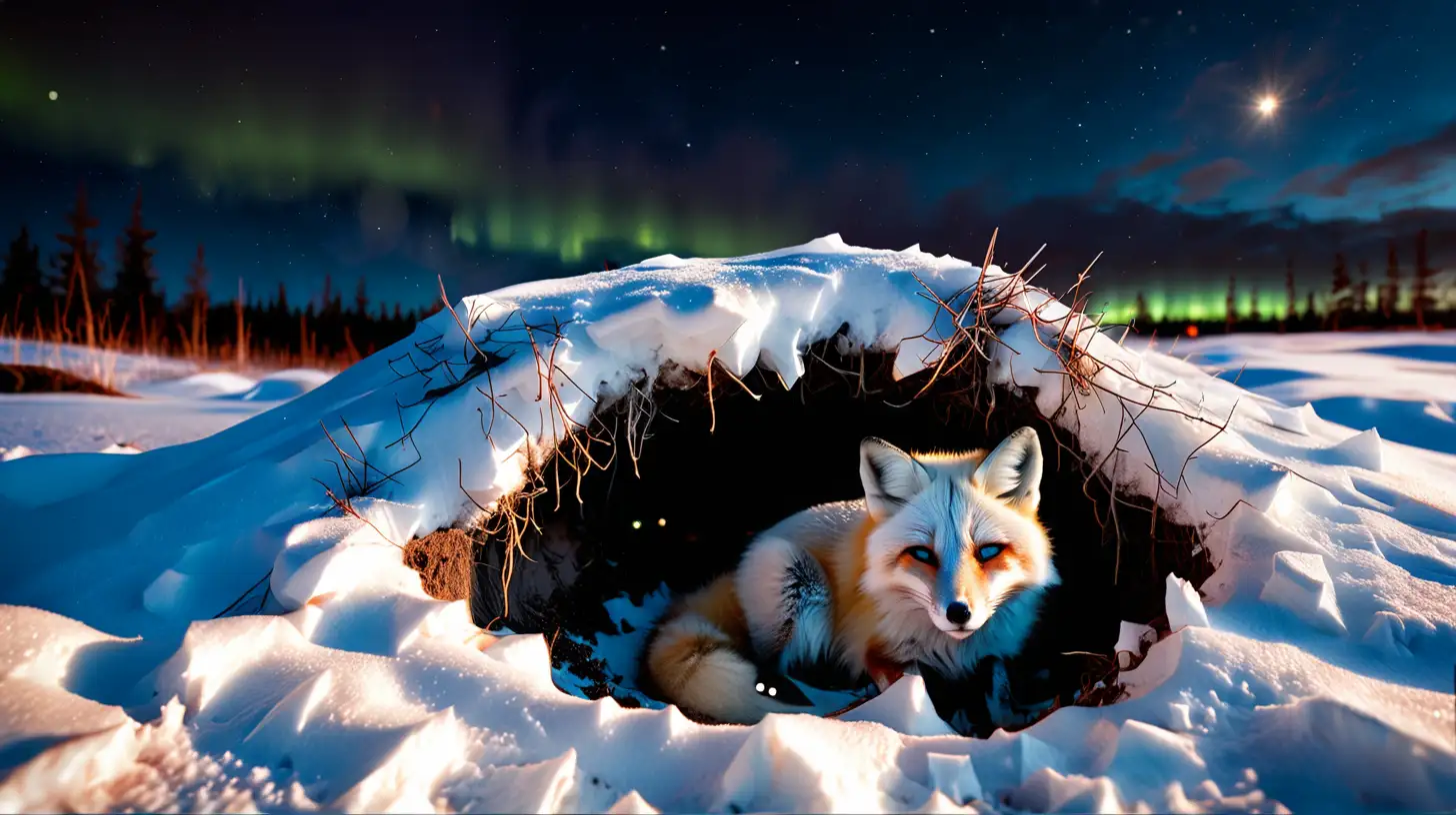 photo of a snow fox in a hole with a ground covered in snow at dusk with a hint of the northern lights overhead and a full moon in the sky
