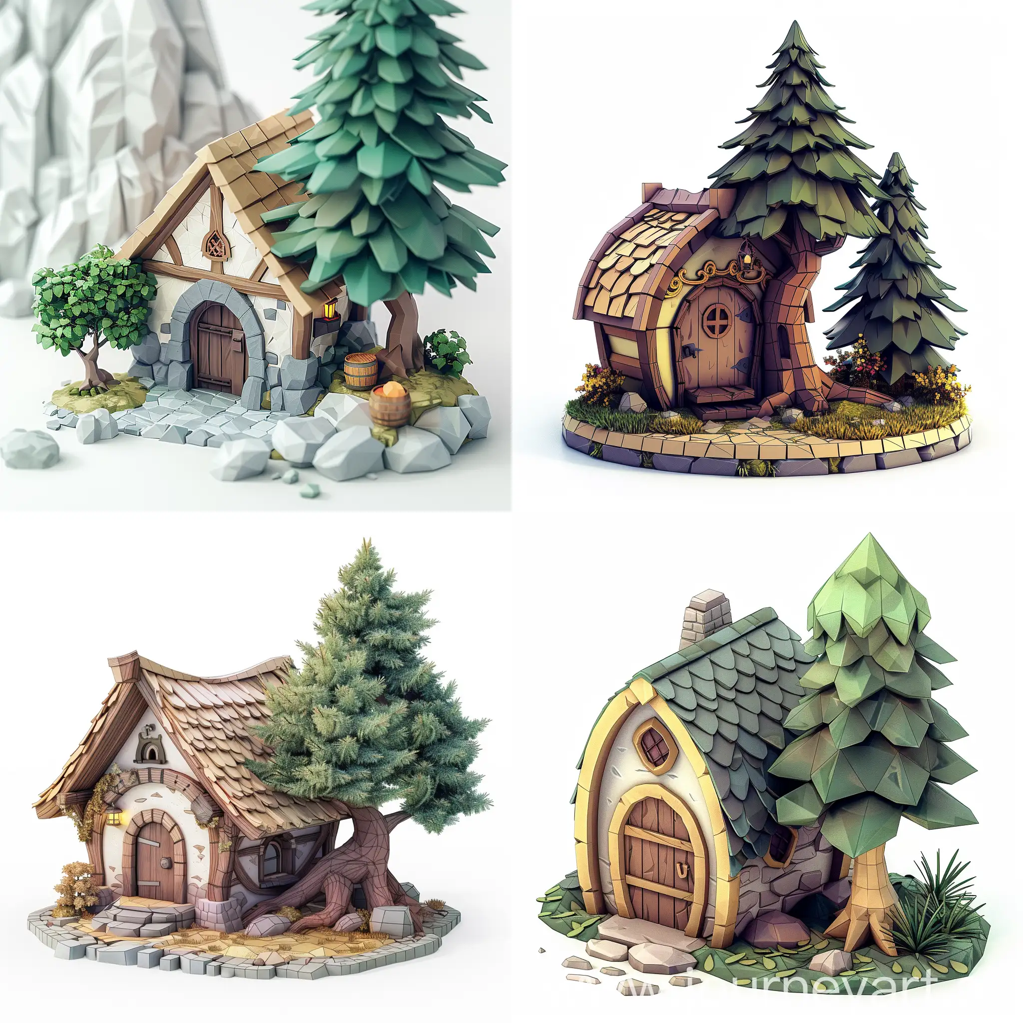 Whimsical-Isometric-Hut-and-Pine-Tree-Playful-3D-Render-with-Innovative-Design