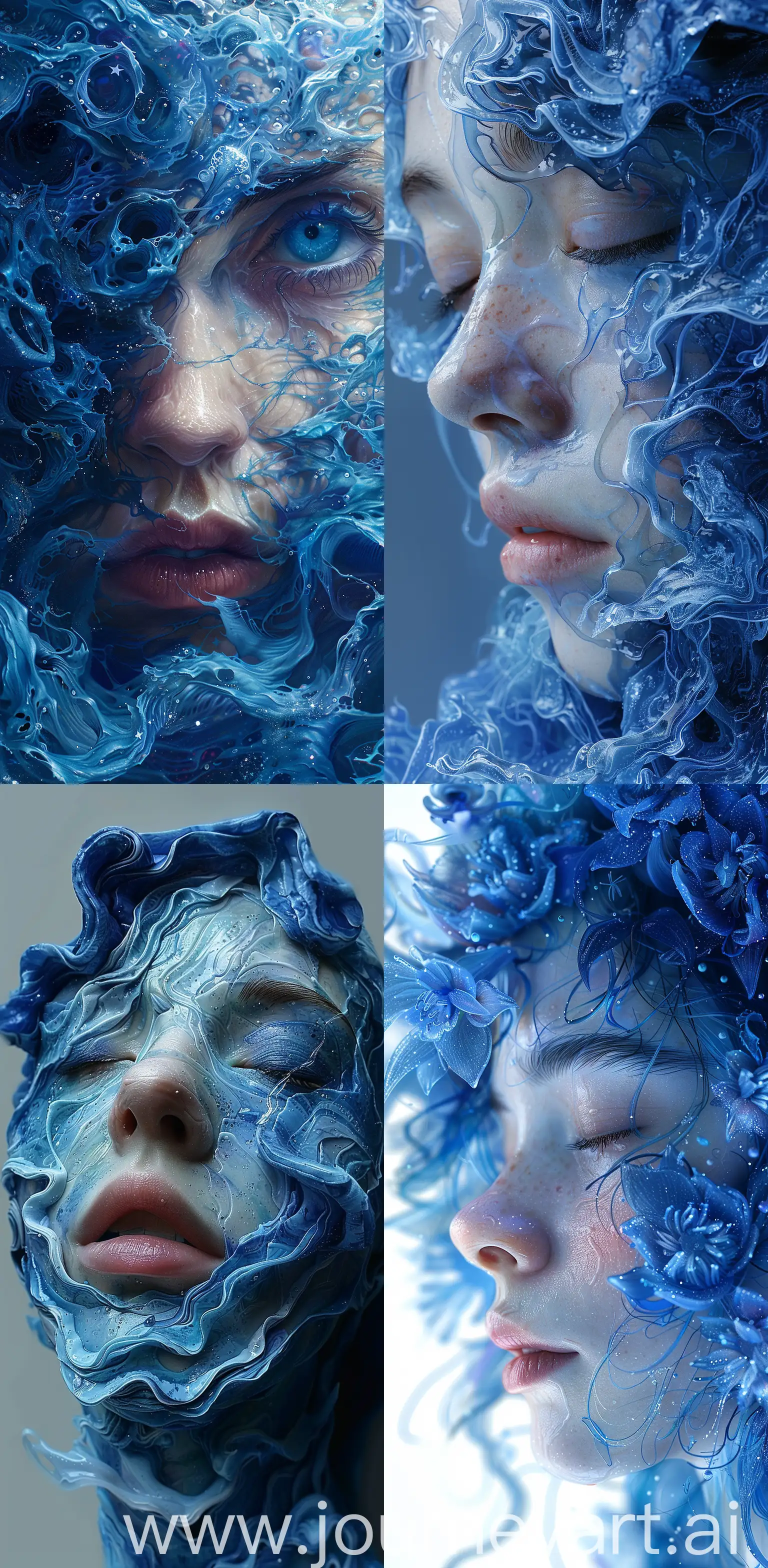 photo illustration from Poisonous Feelings, in the style of tanya shatseva, the stars art group (xing xing), meghan howland, dark indigo and light cyan, mind-bending sculptures, realistic hyper-detail, fluid simplicity --ar 63:128 --stylize 750 --v 6