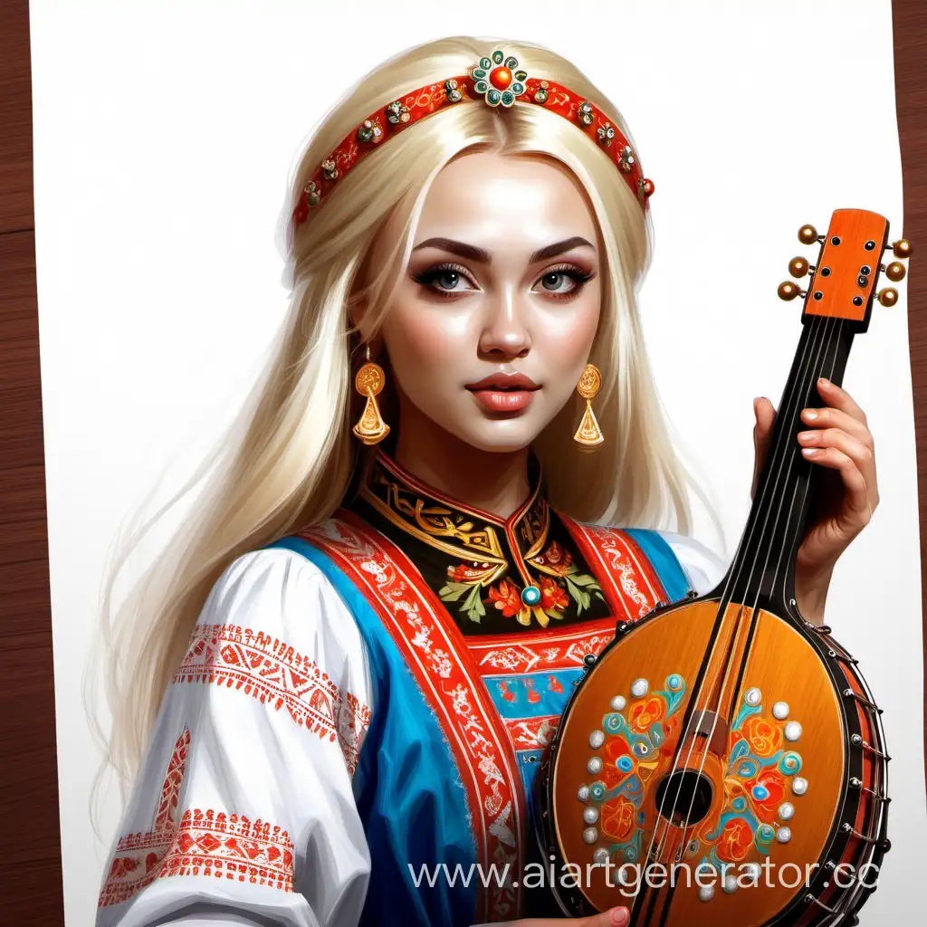 Blonde-Woman-Playing-Domra-in-Traditional-Russian-Attire