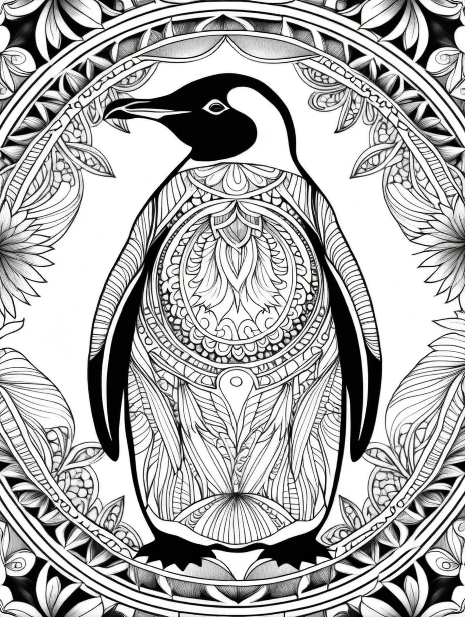 Adult coloring book, penguin, mandala, black and white, high detail, no shading