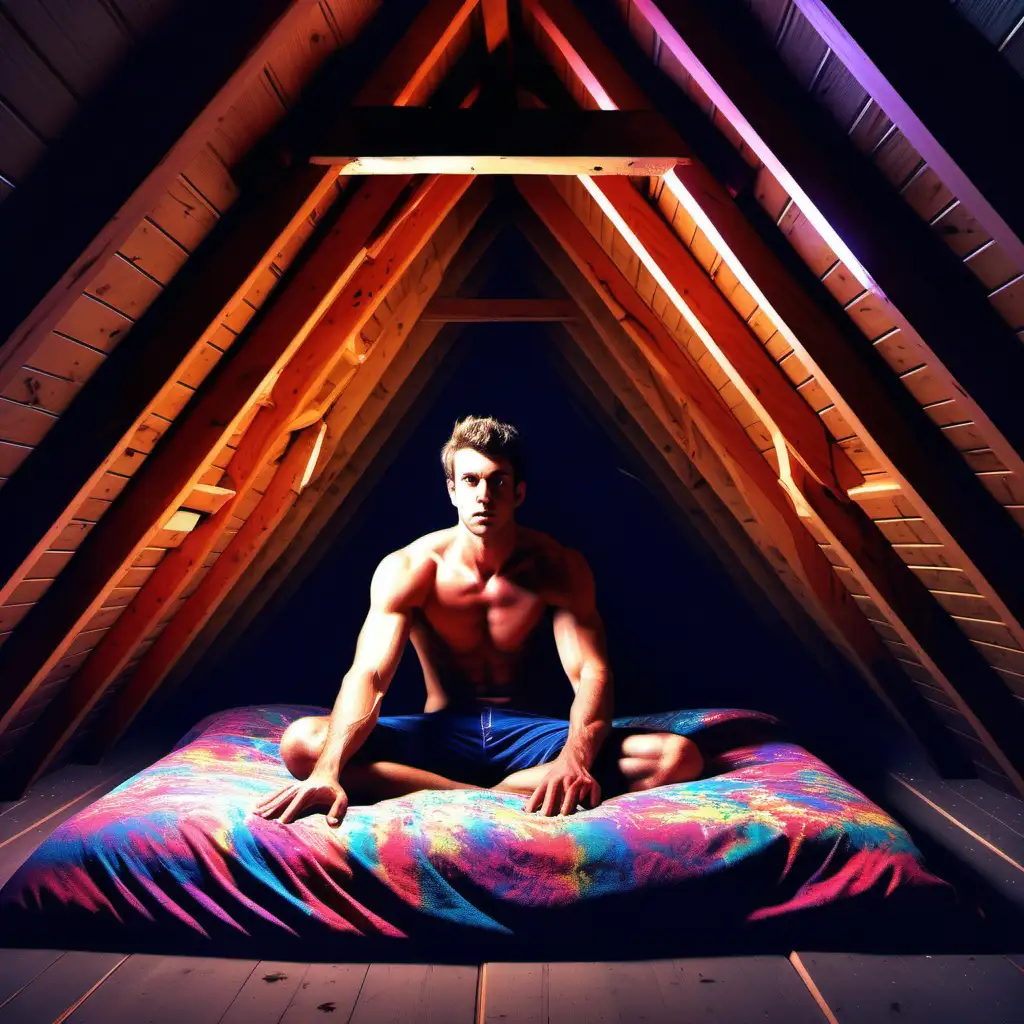 an attic, bed in the rafters, but im on the floor, big heave of dmt, the world explodes and i open my eyes, colors explode,  you take me (I am male, fit), another fit man enters the room