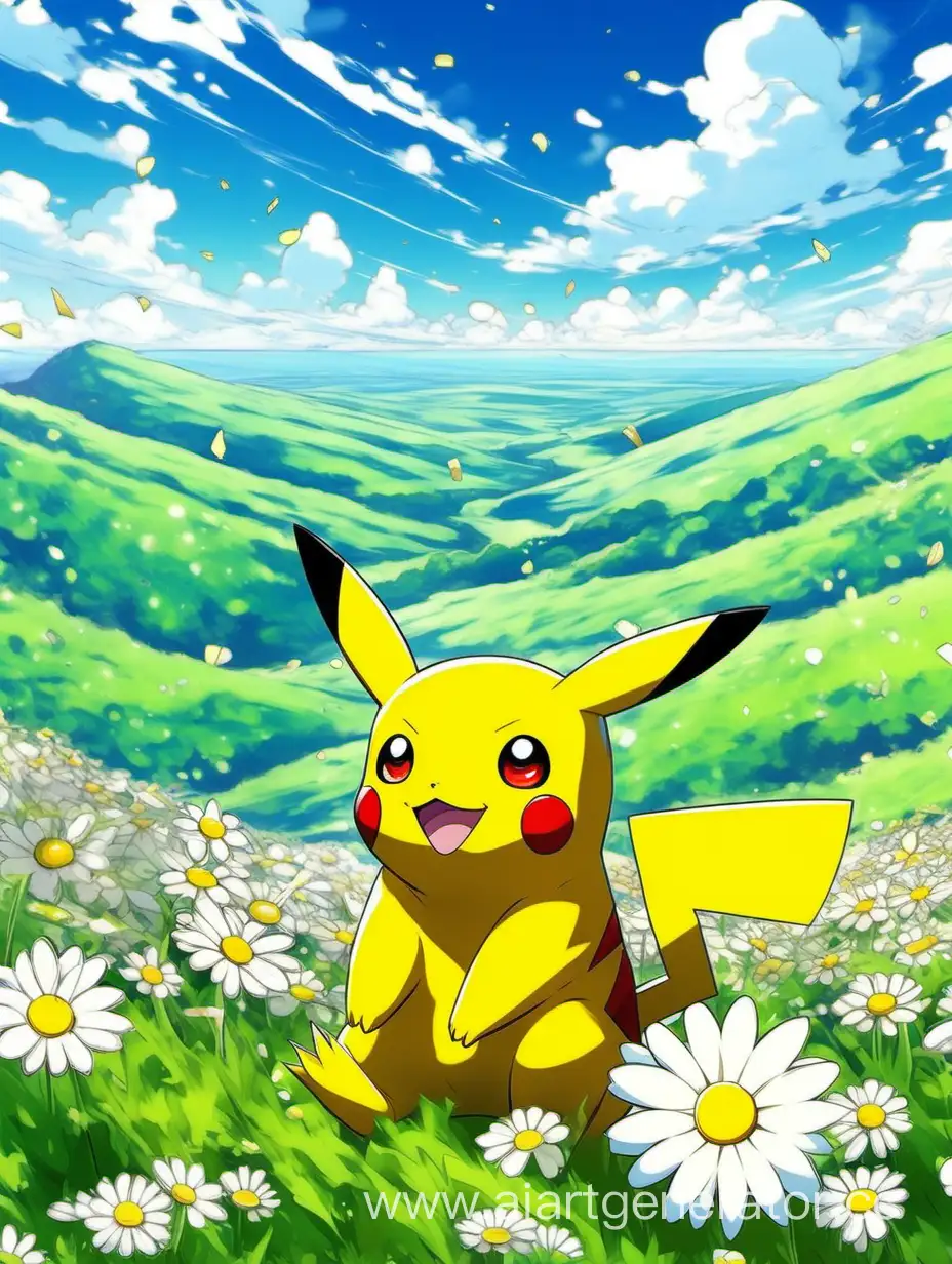 Pokemon Pikachu is sitting with daisies on a green flower hill. beautiful nature. Blue sky with fragments