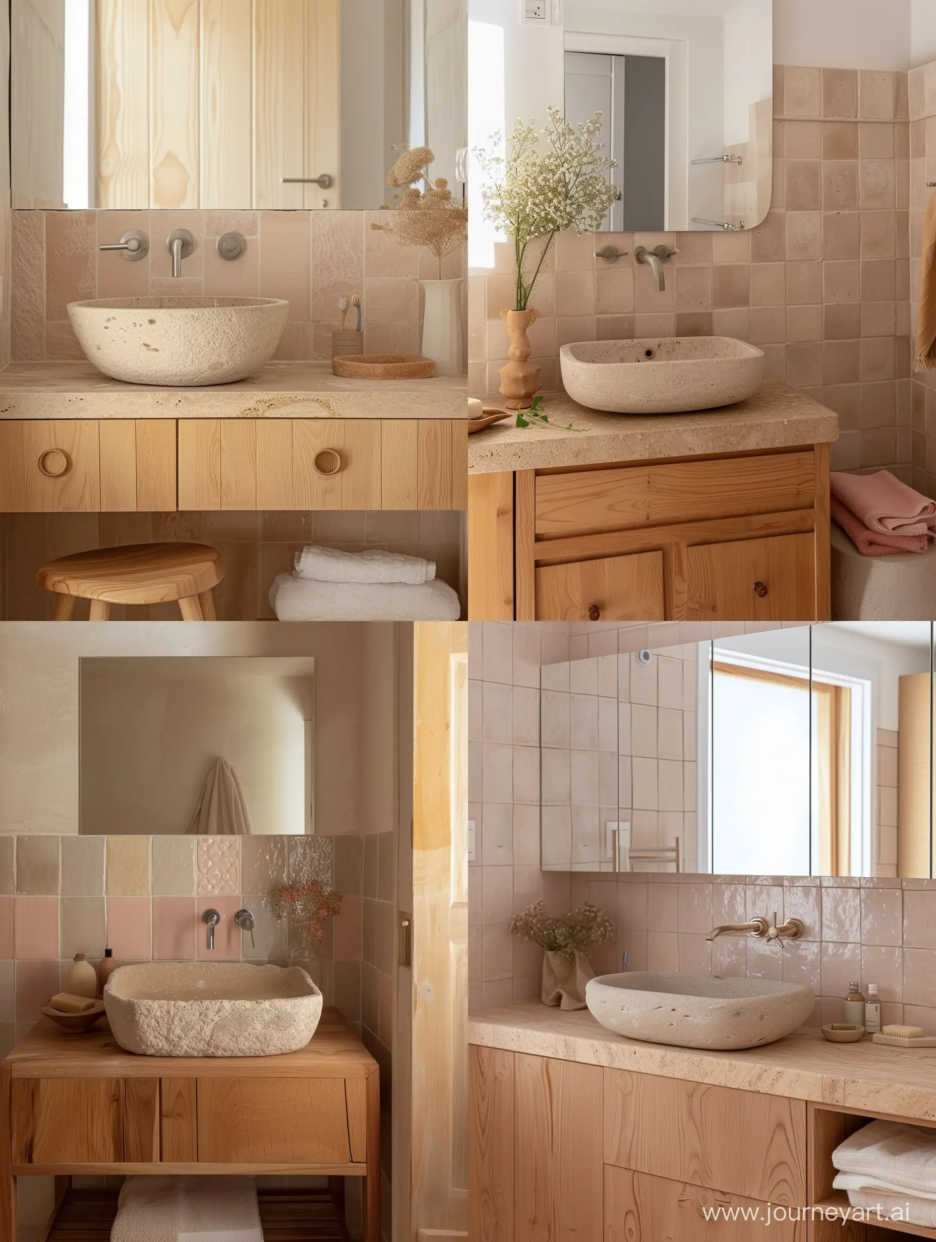 Bagno con mobili legno naturale lavandino in pietra naturale small beige and pink coloured features tiles mirror 