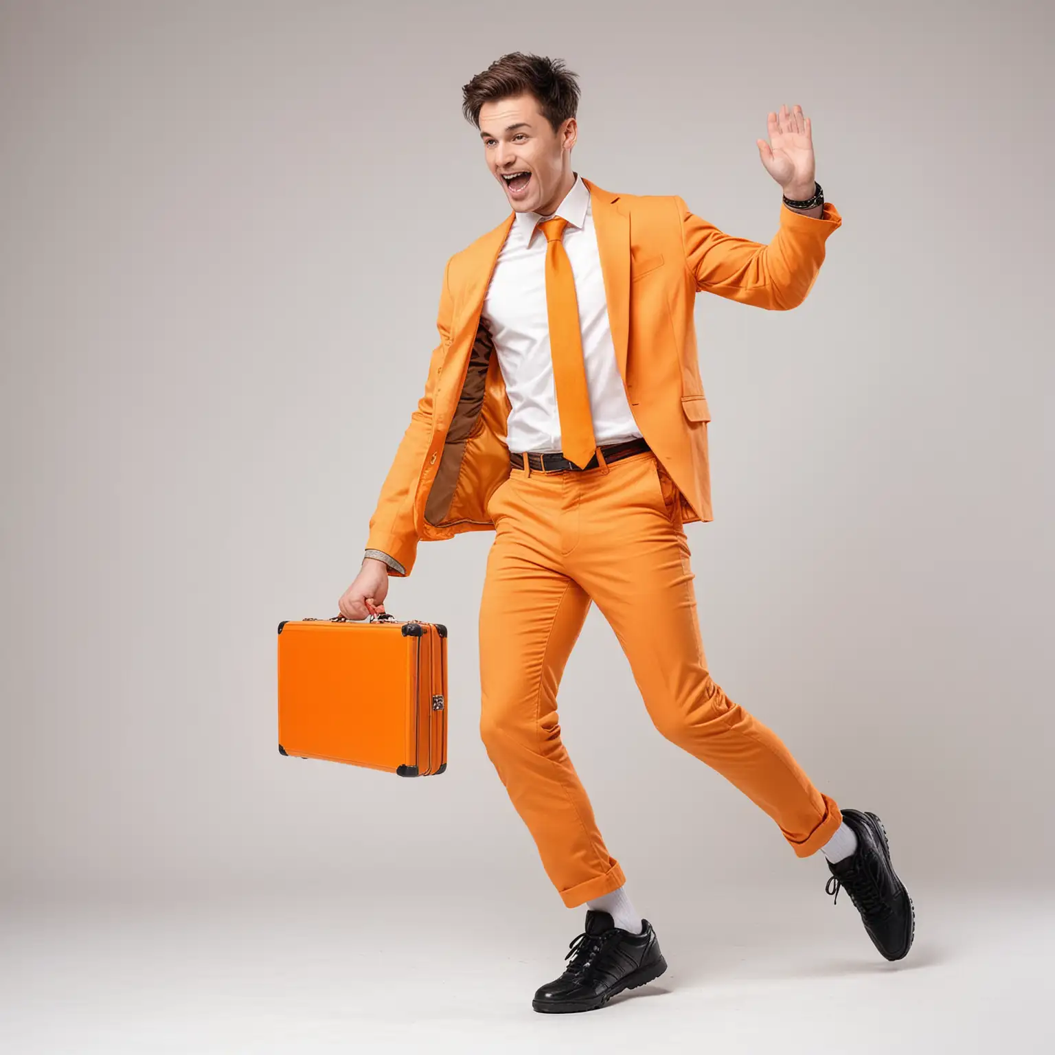 Young Caucasian Man Dancing with Orange Briefcase and Black Sport Shoes