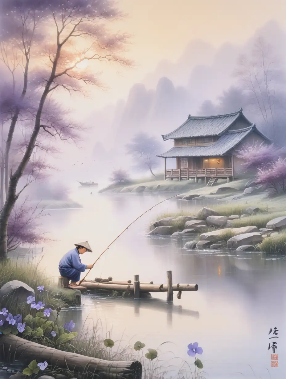 Create a soothing image of violets on the banks of a river, misty cool morning, sunrise starting to appear, a man fishing next to a log cabin, Chinese watercolors, Chen YuLian, Lian Quan Zhen, Liu Yu, Huang Youwei