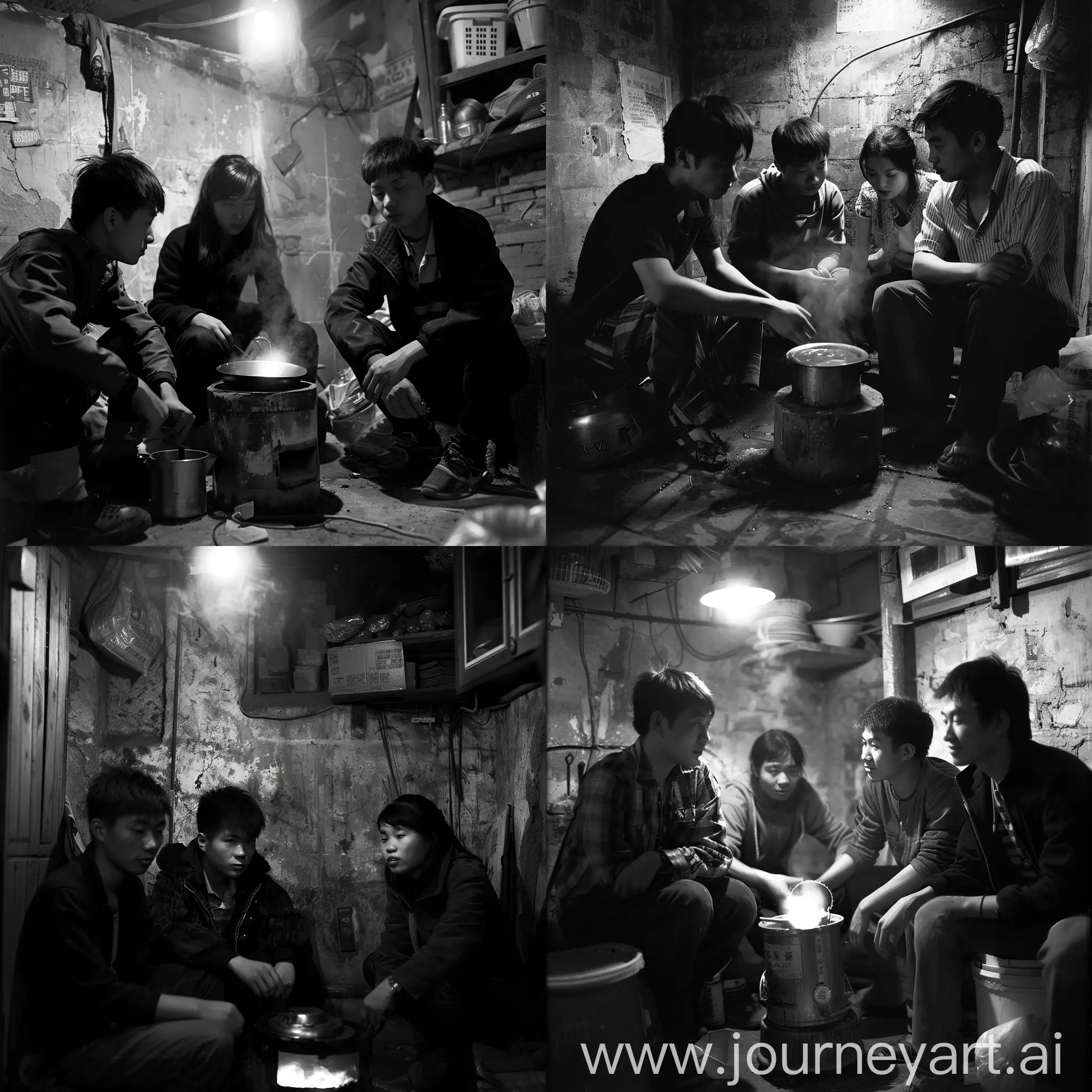 中国上海，两个男人，一个女人，都是都市青年，坐在昏暗破旧的小房间内，他们围着一个烧水的炉子坐，炉子下面发出微微火光。